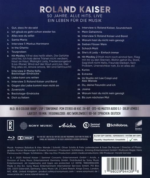 Das Bild ist ein DVD-Cover mit Titellisten, Credits und Logos für ein Roland Kaiser Konzert.