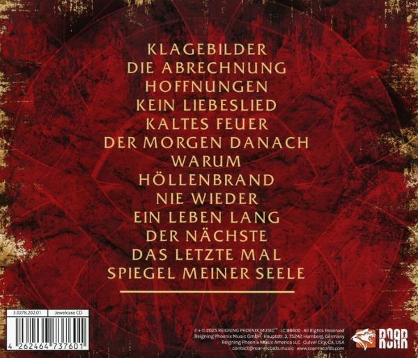 Roter Albumcover mit Text. Deutsche Wörter wie 'Klagebilder' und 'Spiegel meiner Seele' sind zu sehen.