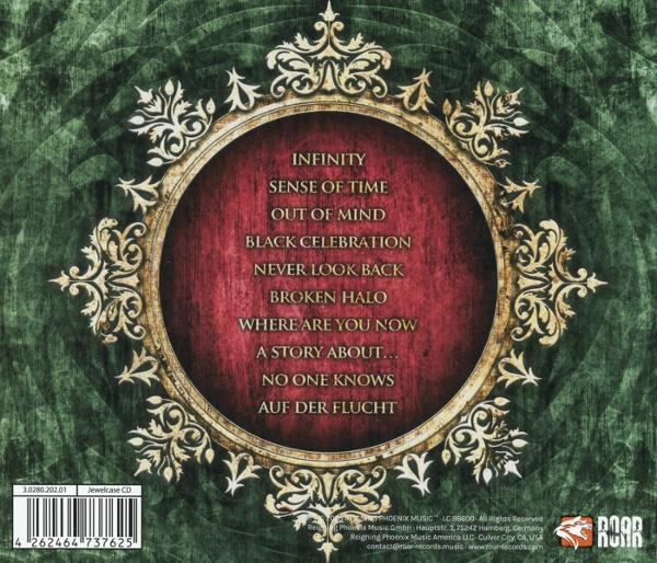 CD-Cover. Rotes Zentrum mit Songtiteln, umgeben von einem verzierten Gold- und Weißrahmen. Grüner Hintergrund mit Wirbelmustern.