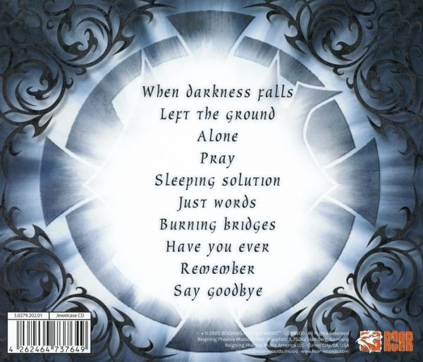 CD-Cover. Text: When darkness falls, Left the ground, Alone, Pray, Sleeping solution, Just words, Burning bridges, usw.