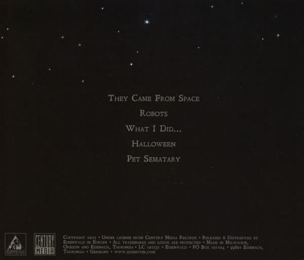 Dunkles Albumcover mit weißem Text: They Came From Space, Robots, What I Did..., Halloween, Pet Sematary. Sterne im Hintergrund.