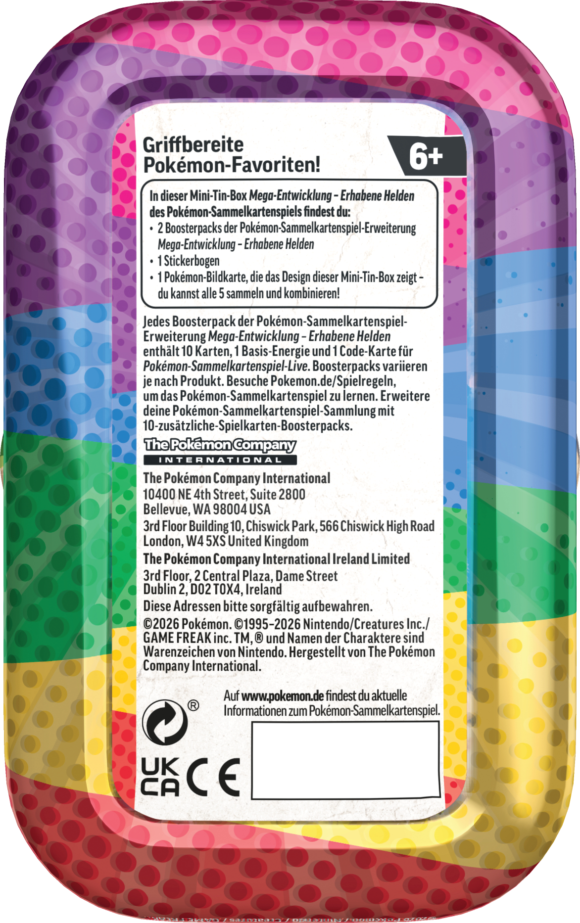 Eine Pokémon-Box mit Text und Grafiken. Sie hat ein Regenbogen-Design und enthält Boosterpacks und einen Stickerbogen.