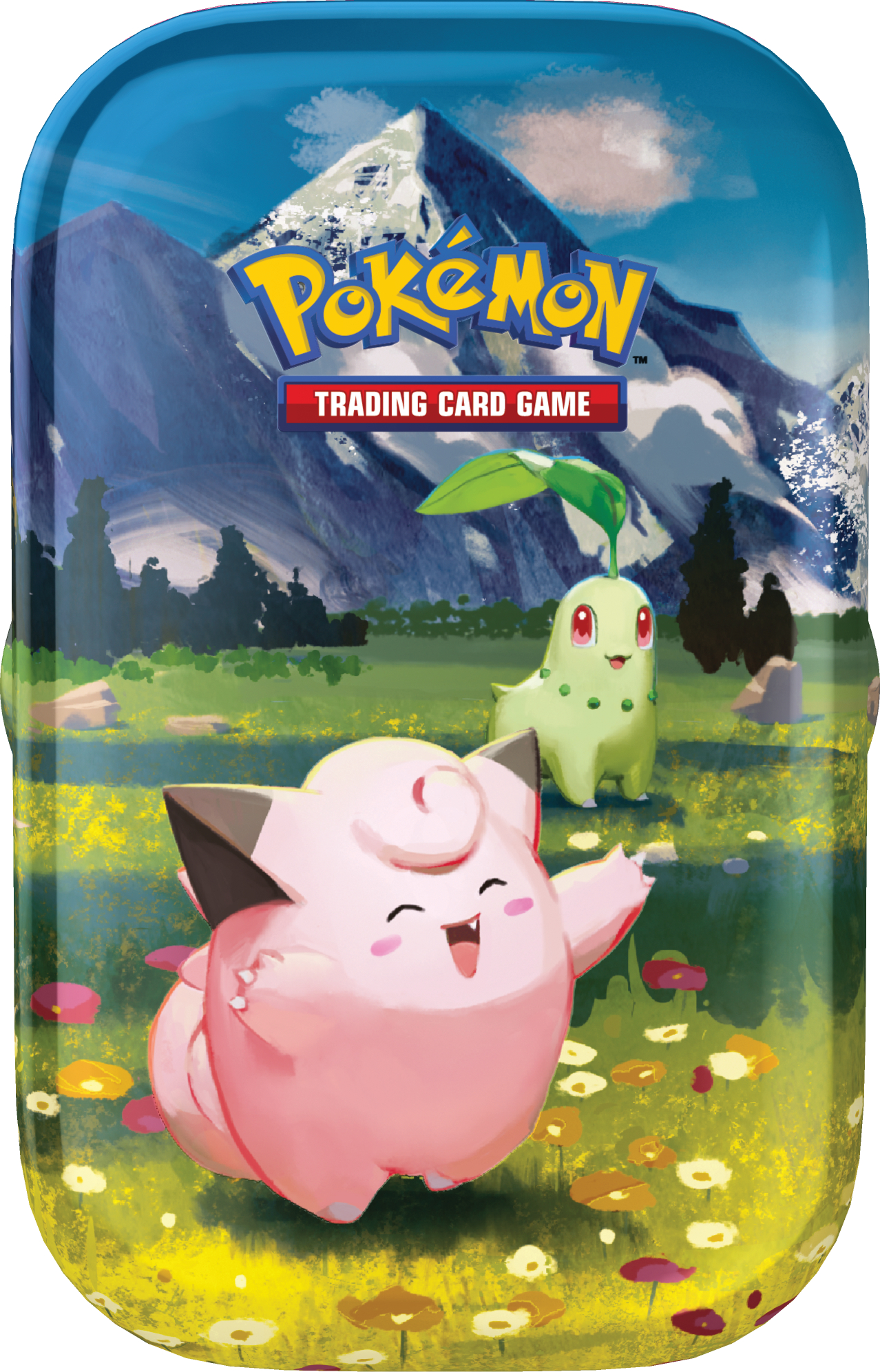 Pokémon-Dose mit einem rosa Piepi, grünem Endivie, Bergen und Blumen auf einem gelb-grünen Feld.