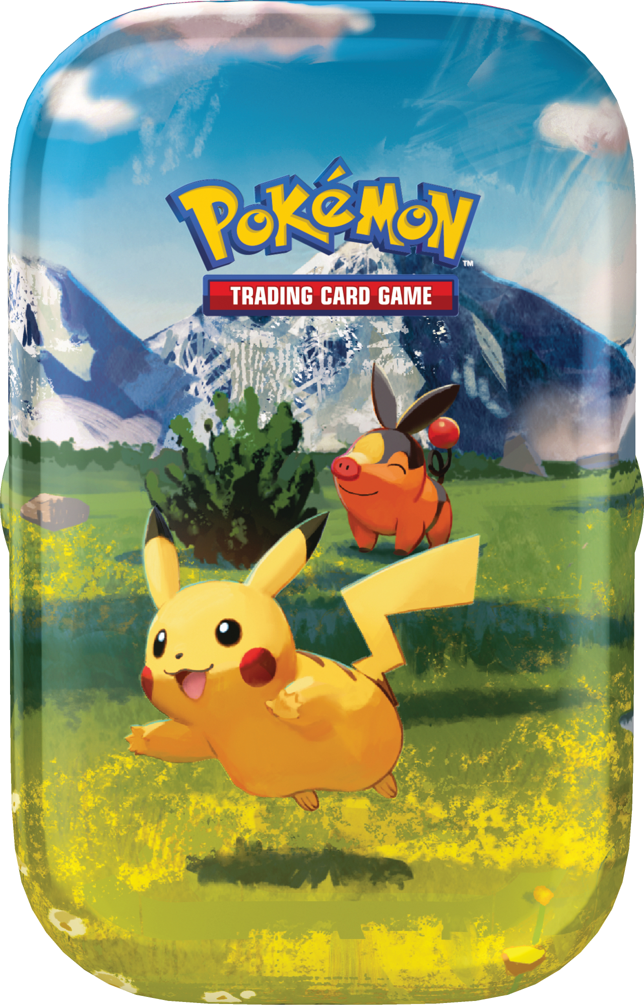 Pokémon-Box-Art zeigt Pikachu und Floink auf einem Feld, Berge im Hintergrund und das Logo des Pokémon-Sammelkartenspiels.
