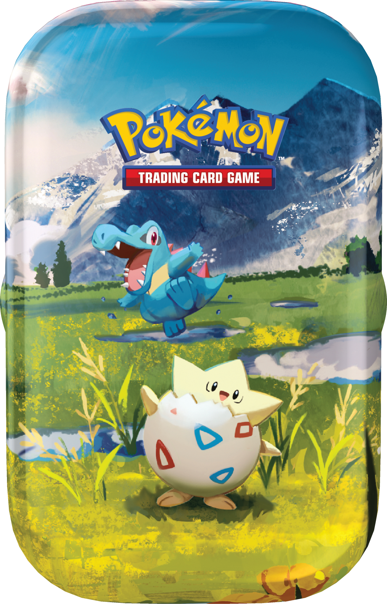 Pokémon TCG-Blechdose mit Totodile und Togepi in einer Wiese mit Bergen und dem Pokémon-Logo im Hintergrund.