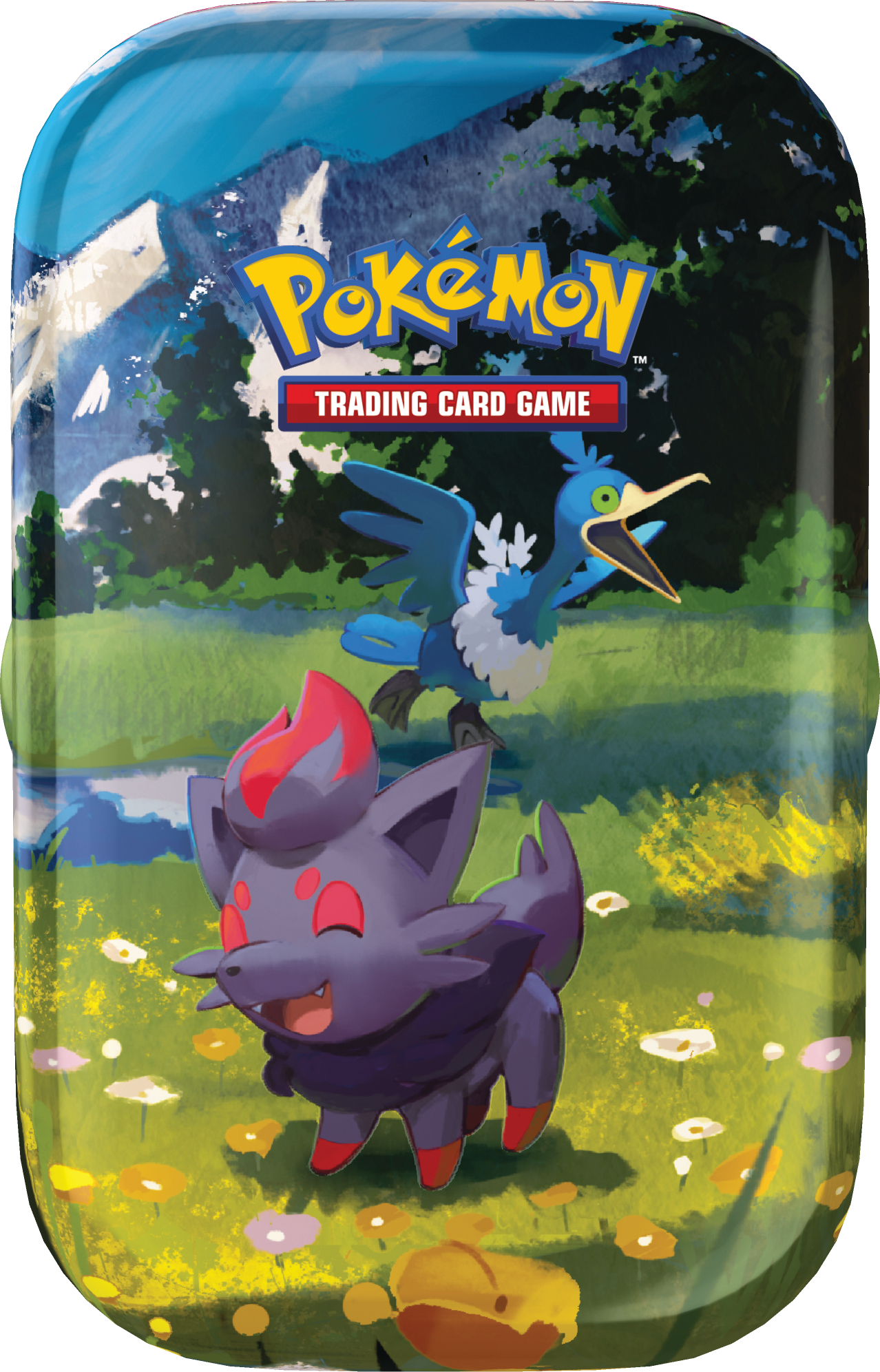Pokémon-Dose mit einem blauen Vogel und einer lila fuchsartigen Kreatur auf einer grünen Wiese mit Blumen und einem Berggrund.