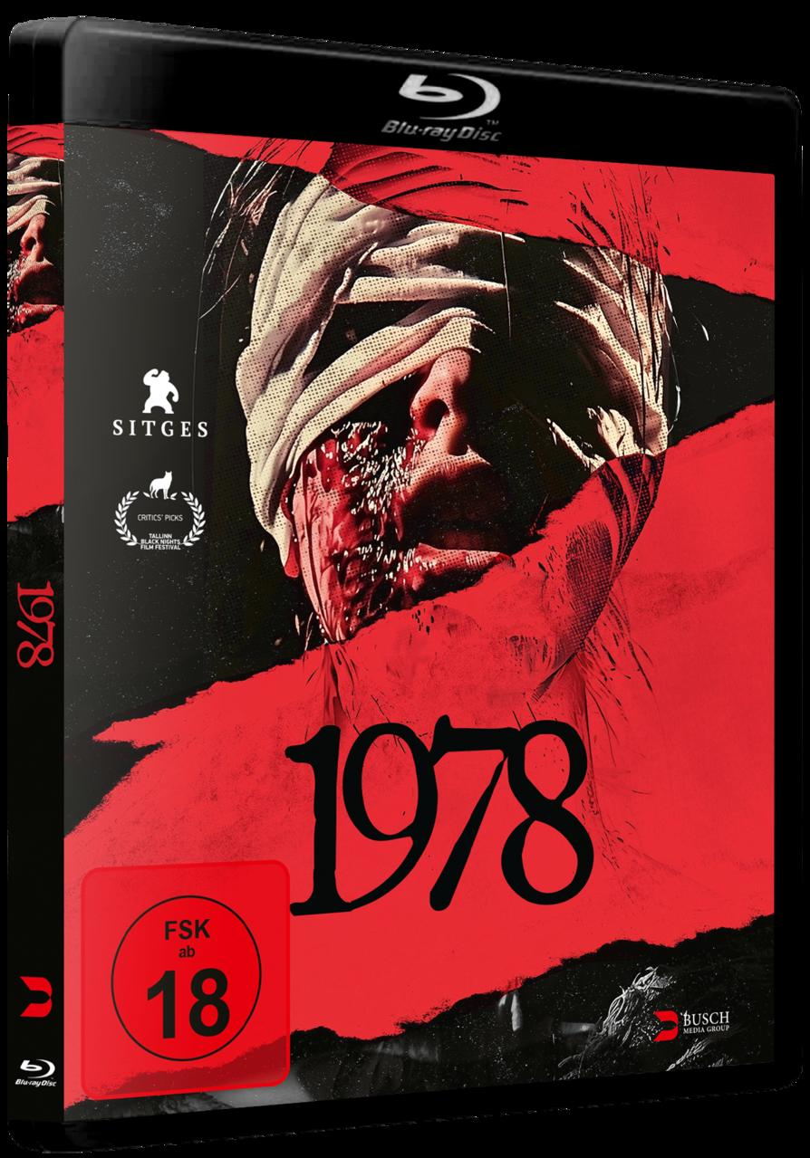 Blu-ray-Cover. Eine Person mit verbundenen Augen, Blut und der Zahl 1978 in Rot. Logos und Text sind sichtbar.