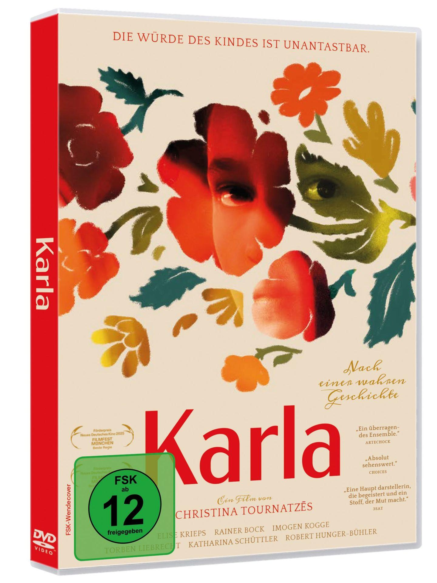 DVD-Cover für 'Karla'. Zeigt das Gesicht einer Frau inmitten von Blumen. Text enthält Filmtitel, Bewertungen und Zitate.