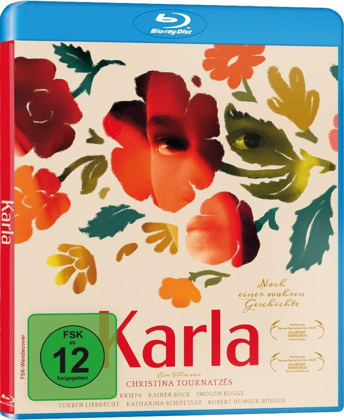 Blu-ray-Disc-Cover mit dem Titel „Karla“. Es hat ein Gesicht mit Blumengrafiken. Enthält eine Bewertung von 12.