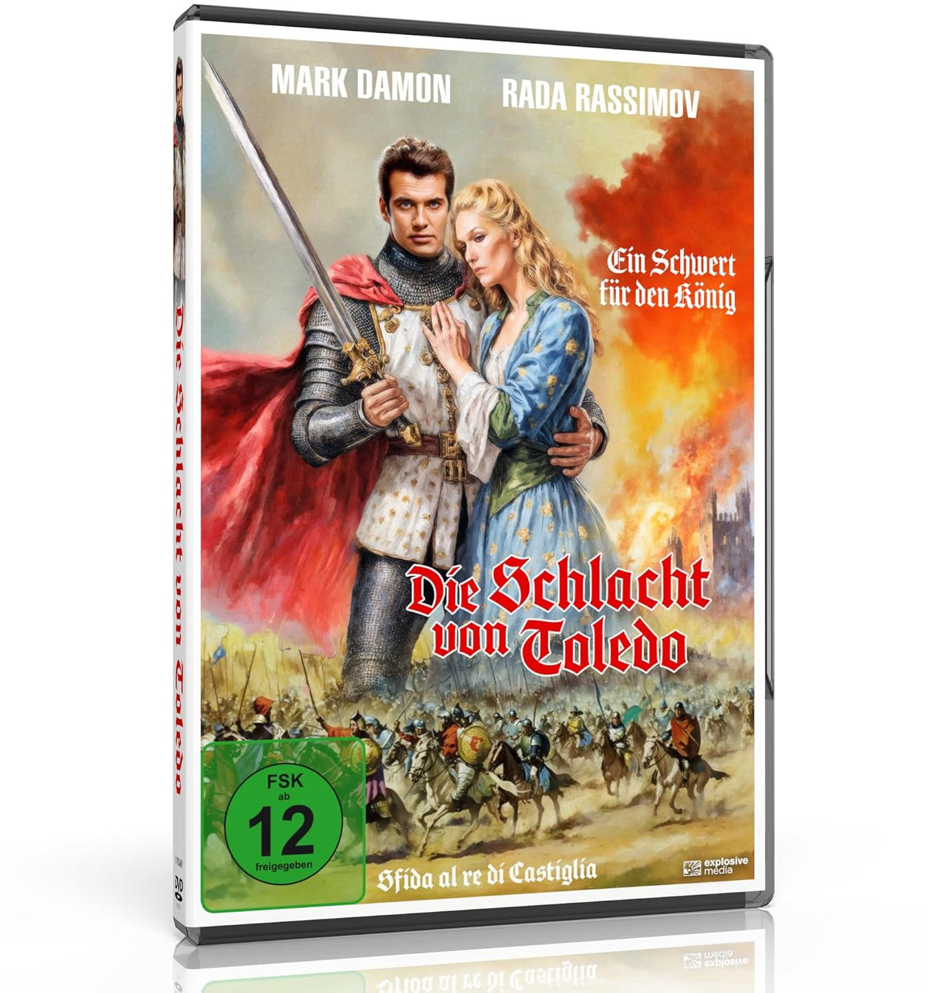 DVD-Cover: Ritter und Frau mit Schwert. Text enthält "Die Schlacht von Toledo". Hintergrund zeigt Kampfszene und Burg.