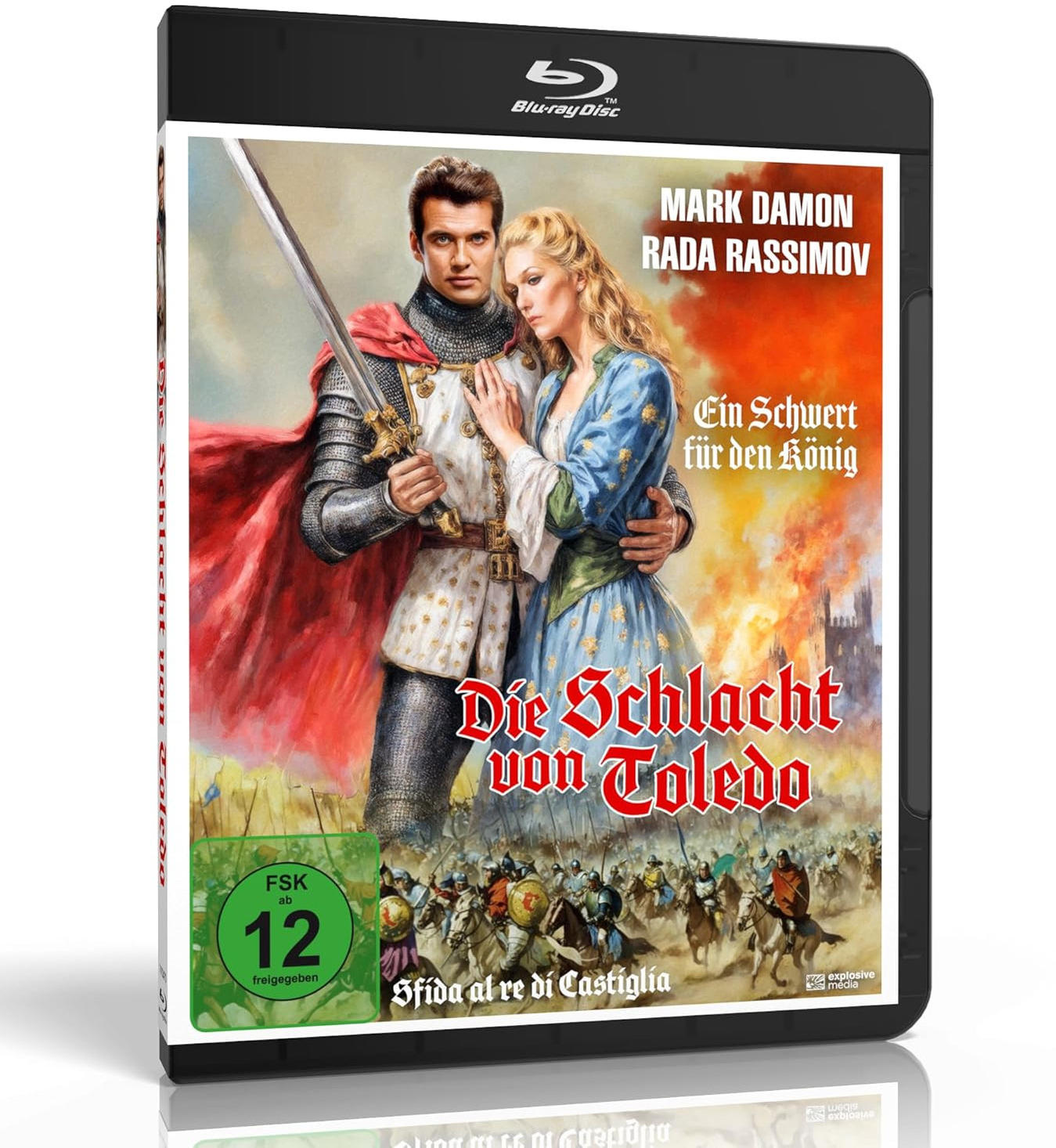Blu-ray-Cover mit Ritter, Schwert, Frau und Schlachtszene im Hintergrund. Deutscher Titel 'Die Schlacht von Toledo'.