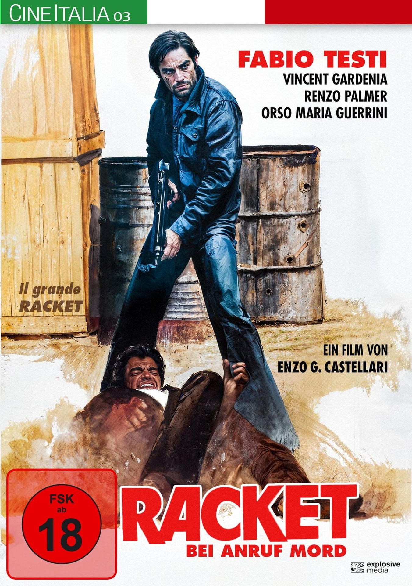 Filmposter mit einem Mann, der eine Waffe über einem anderen Mann hält. Der Titel "Racket" ist rot, mit Schauspielernamen oben.