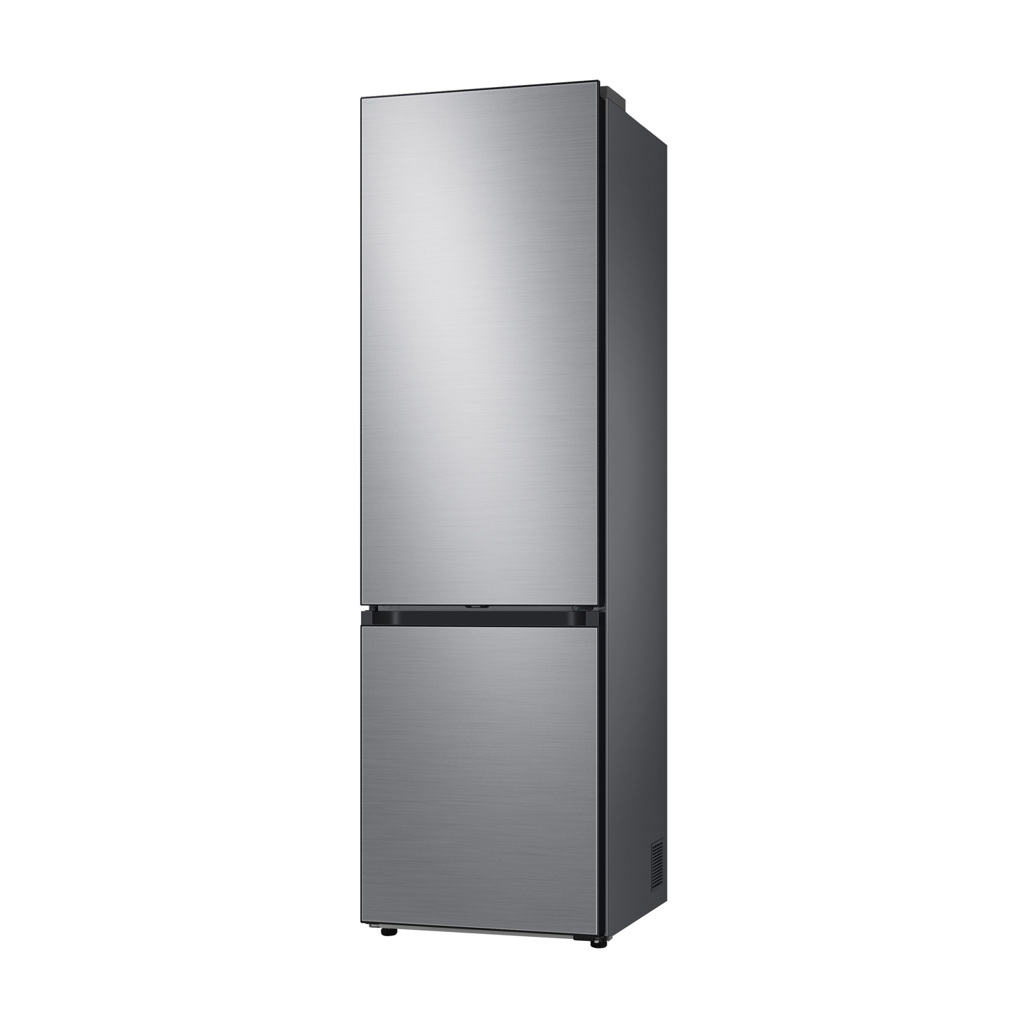 Un frigorifero in acciaio inossidabile su sfondo bianco. Ha due porte e un design elegante e moderno.