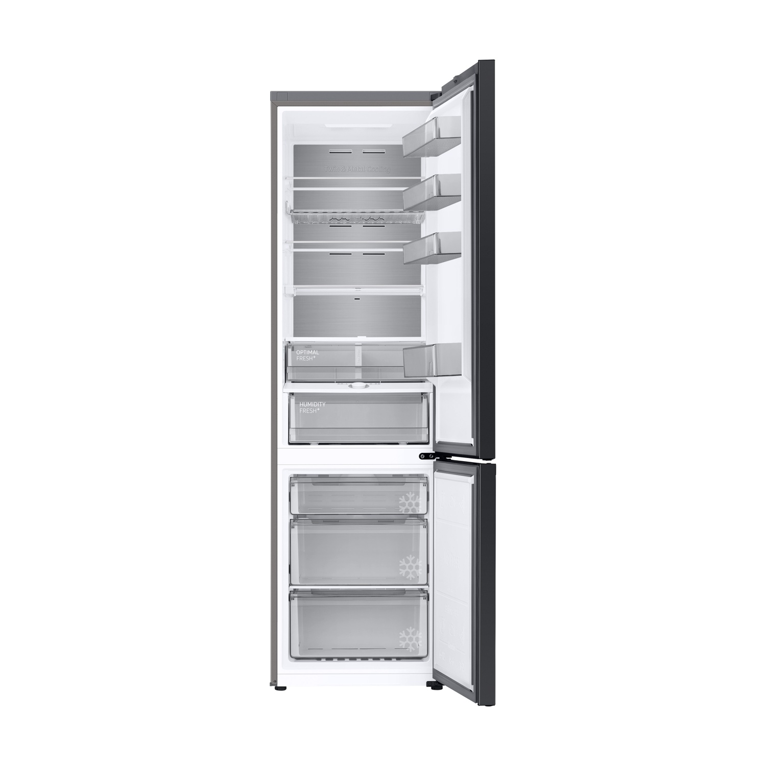Frigorifero aperto, con ripiani e cassetti. Esterno grigio, interno bianco. Cassetti con simboli di brina. Etichette: Twin Metal Cooling, Optimal Fresh.