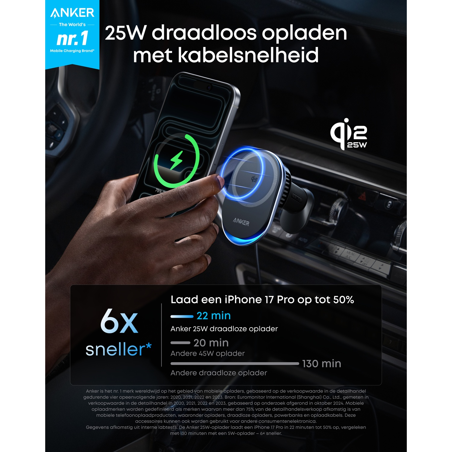 Anker draadloze oplader laadt telefoon in auto op. Laadsnelheid en merkdetails.