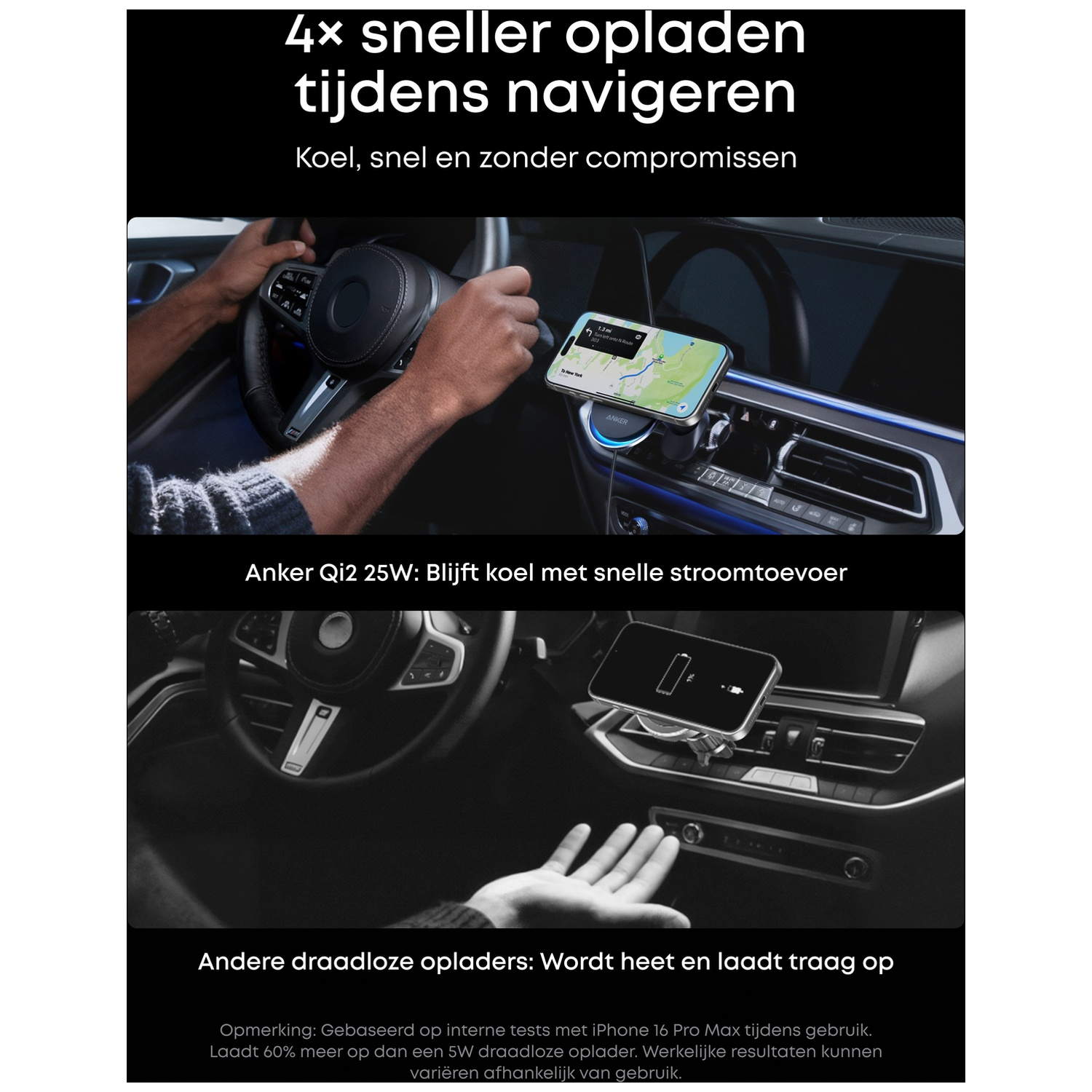 Afbeelding toont een auto-interieur met een telefoon die wordt opgeladen op een draadloze oplader. Tekst benadrukt snel opladen tijdens het navigeren.