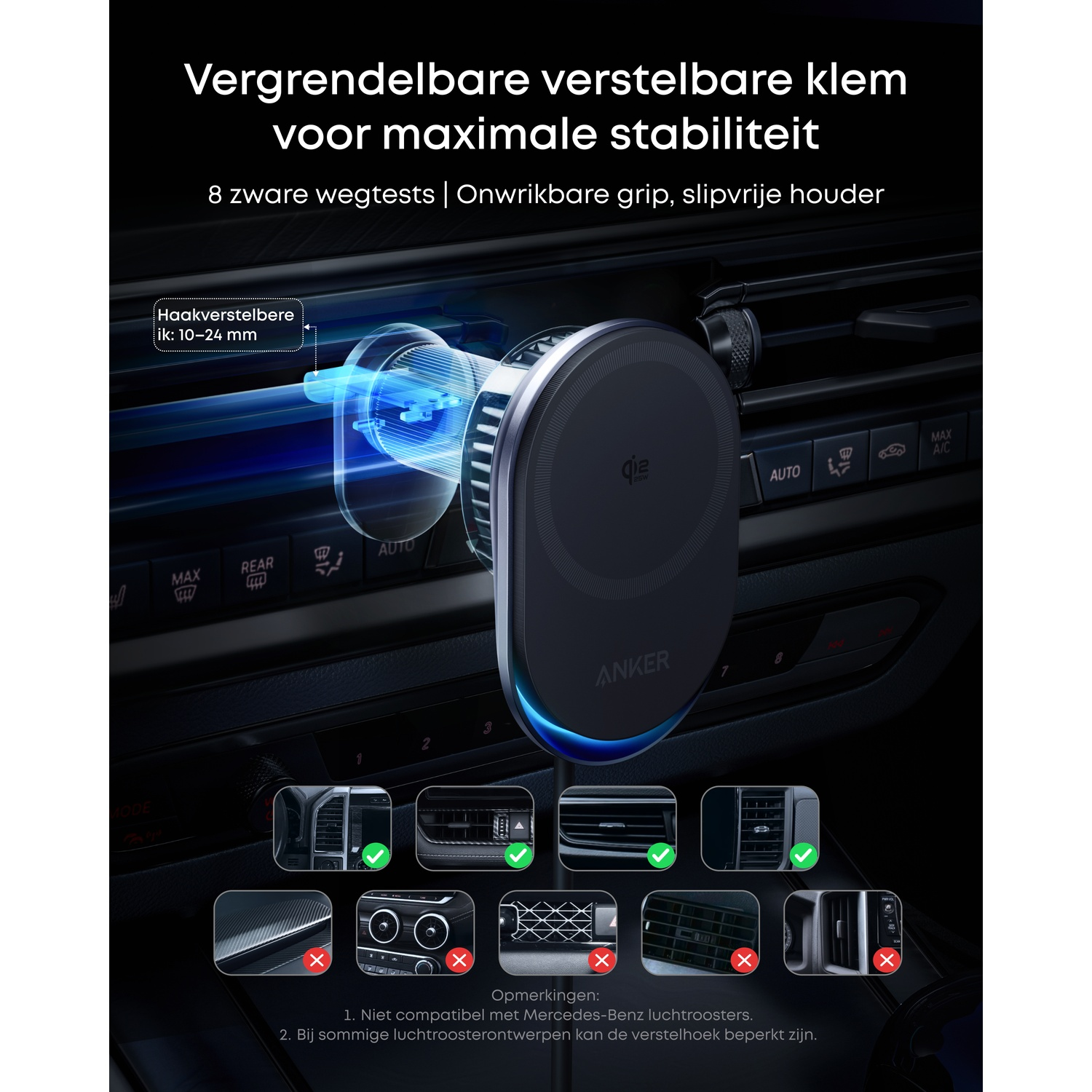 Anker telefoonhouder in een auto, gemonteerd op ventilatie. Tekst: Vergrendelbare verstelbare klem voor maximale stabiliteit. Compatibiliteitsiconen.