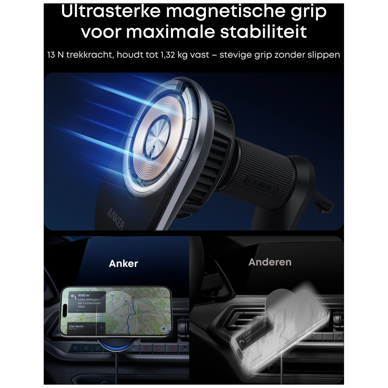 Anker magnetische telefoonhouder met een telefoon die een navigatie-app in een auto toont. De houder is op het dashboard gemonteerd.