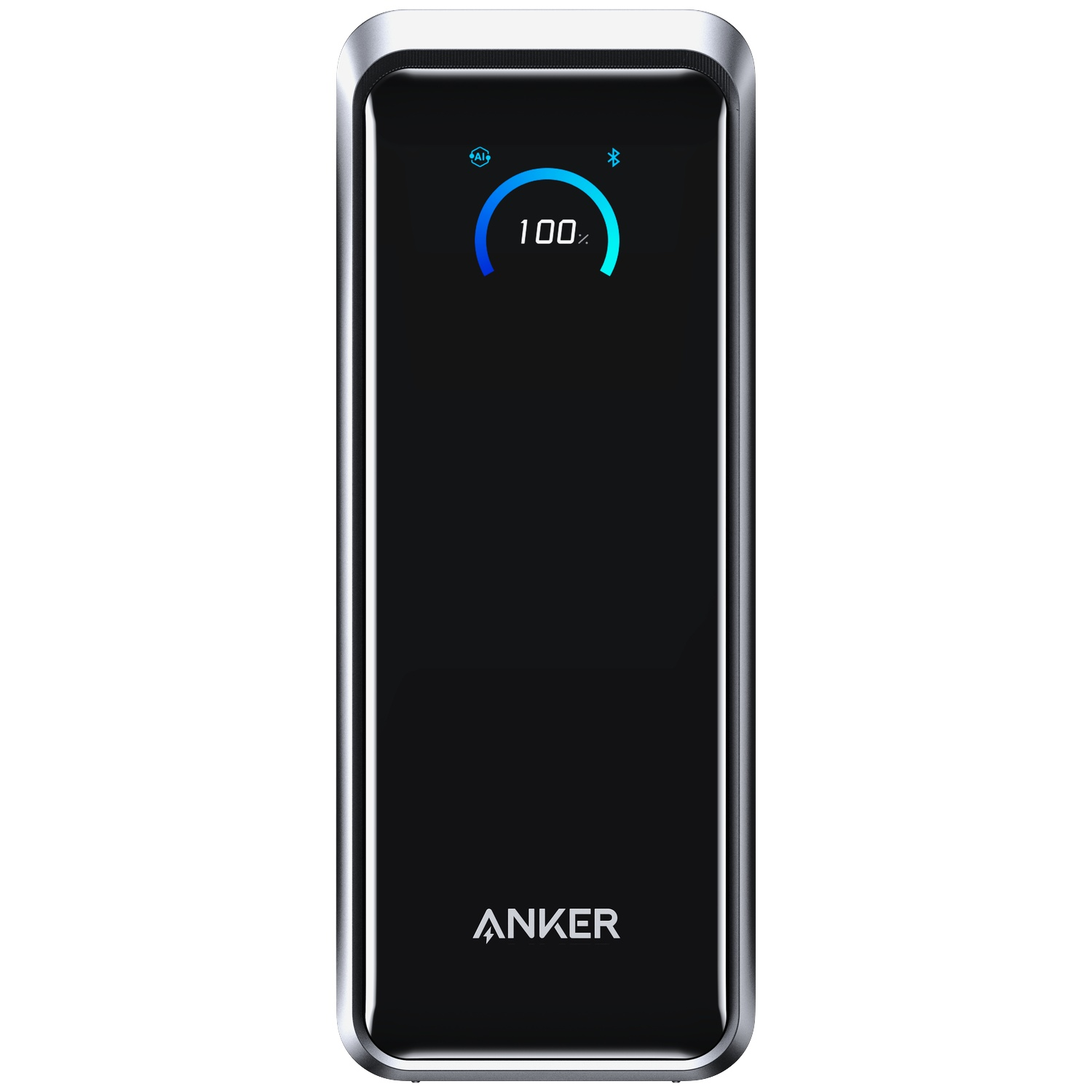 Batterie externe Anker noire avec écran affichant 100% de charge. Cadre argenté et icône Bluetooth.