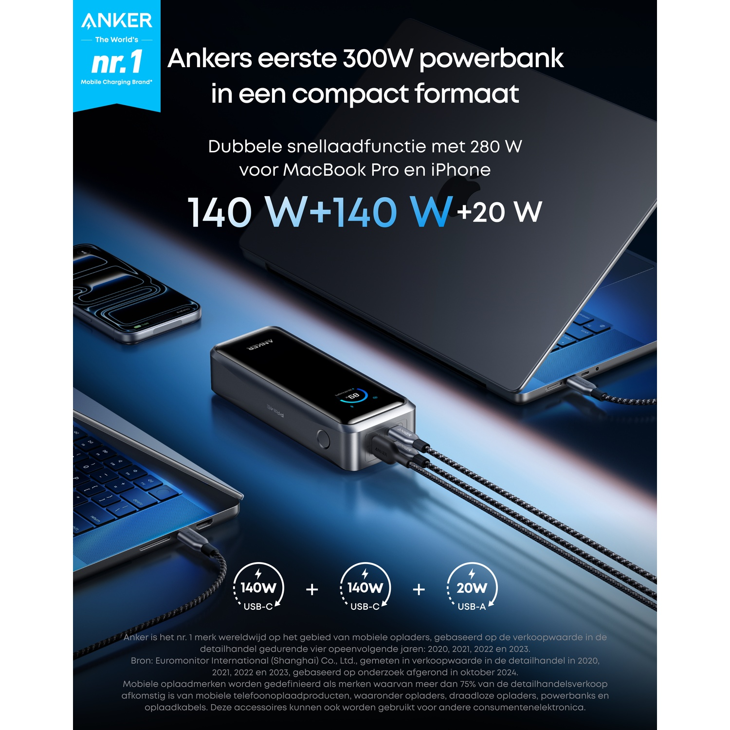 Powerbank Anker avec câbles connectés à des ordinateurs portables et téléphones. Texte sur l'appareil indiquant 68% de charge. Fond noir.