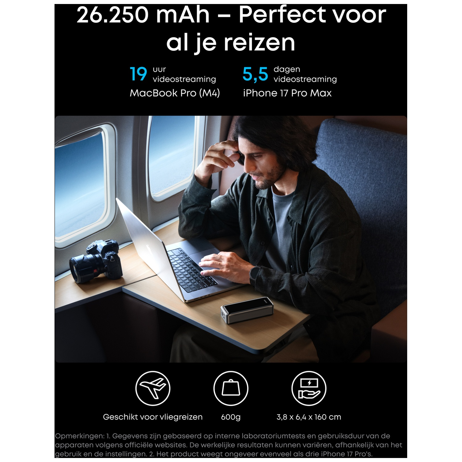 Homme dans un avion utilisant un ordinateur portable. Appareil photo et batterie sur la table. Texte sur la capacité de la batterie.