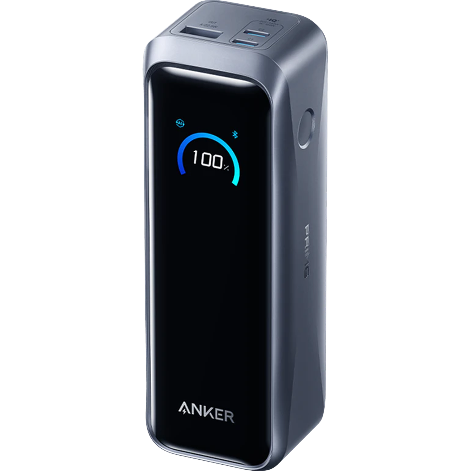 Anker powerbank met 100% lading. Het is een donkergrijze rechthoek met USB-poorten aan de bovenkant en 'Anker' onderaan.