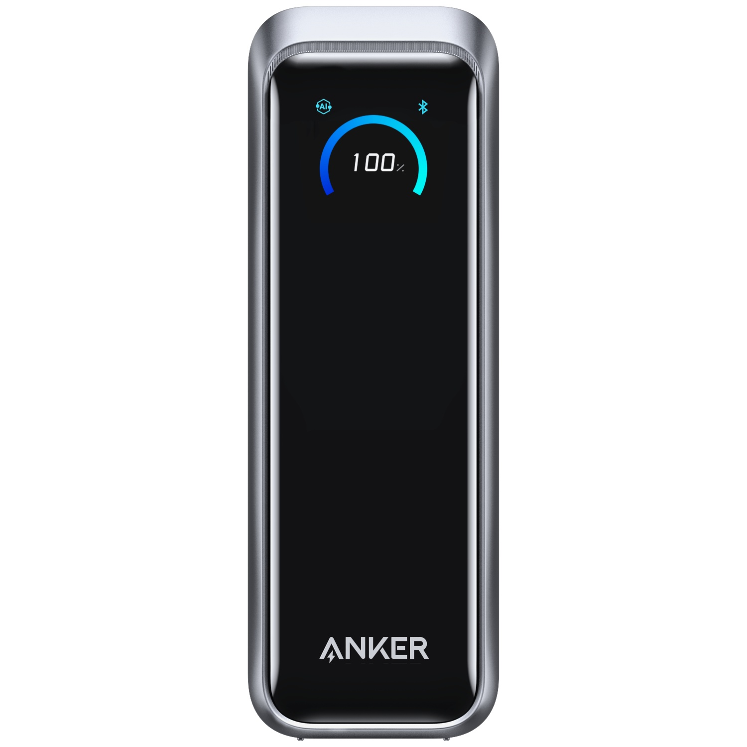 Een zwarte en zilveren Anker powerbank. Het heeft een scherm met 100% lading. Het Anker-logo staat onderaan.