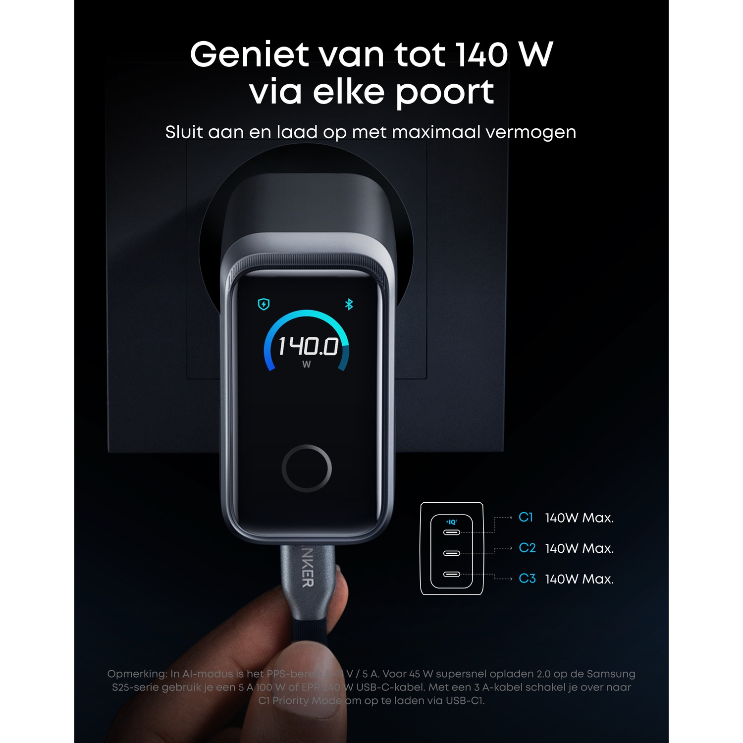 Een zwart-grijze Anker-oplader aangesloten, met 140,0 W. Tekst geeft 140 W per poort aan.