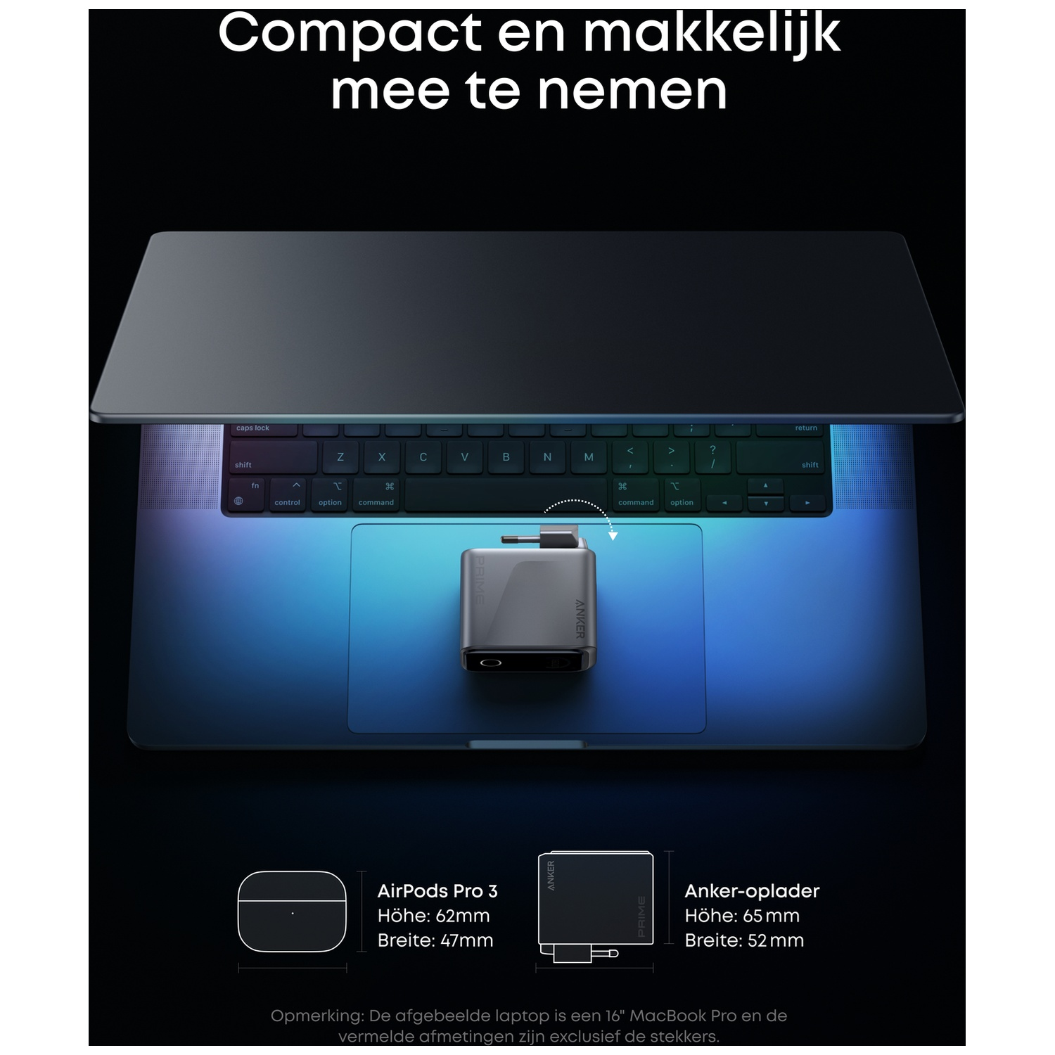 Laptop met oplader op het toetsenbord, afmetingen van AirPods en oplader worden getoond. Tekst: Compact en gemakkelijk mee te nemen.