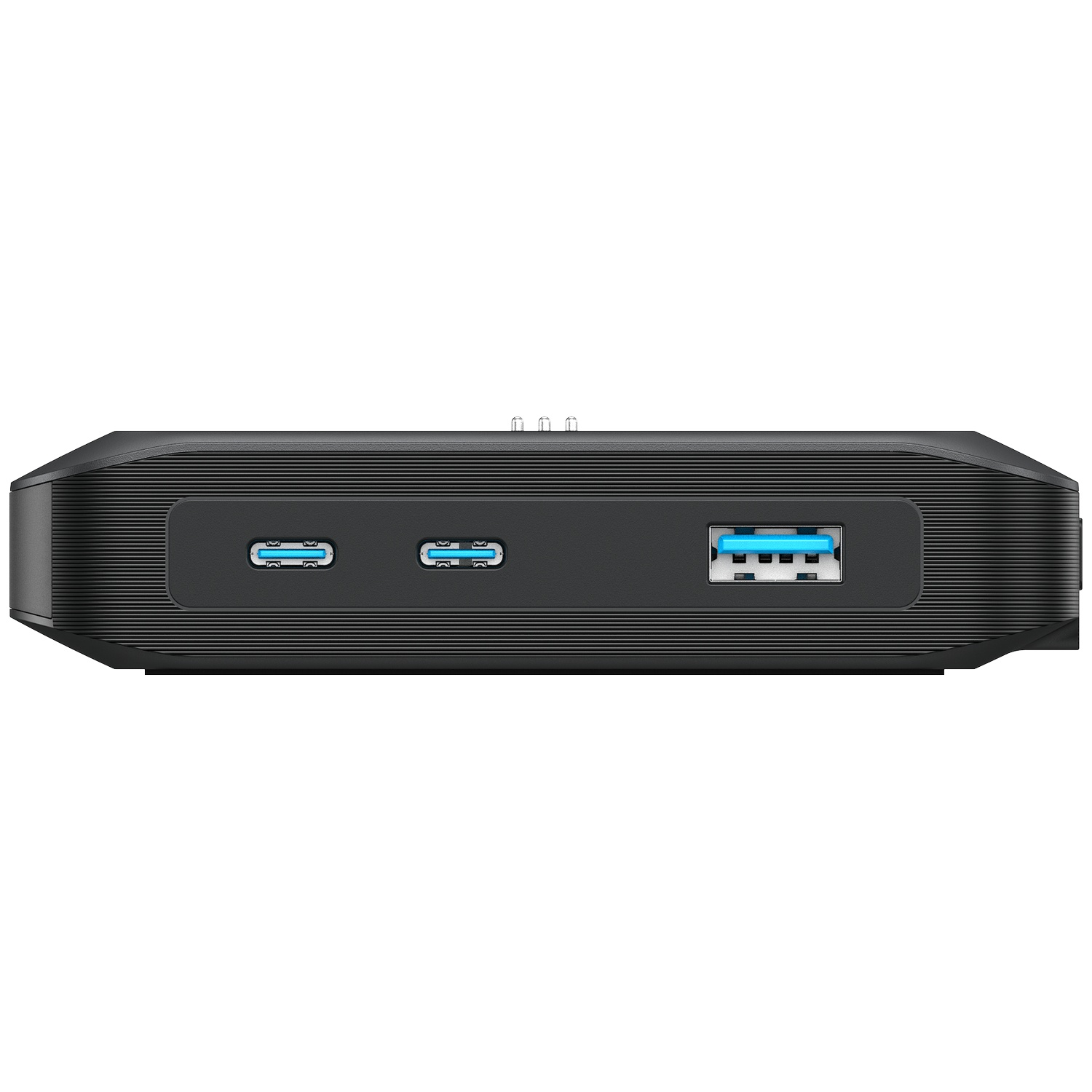 Un hub USB noir avec plusieurs ports : deux USB-C et un USB-A, le tout sur une surface texturée. Le fond est blanc.