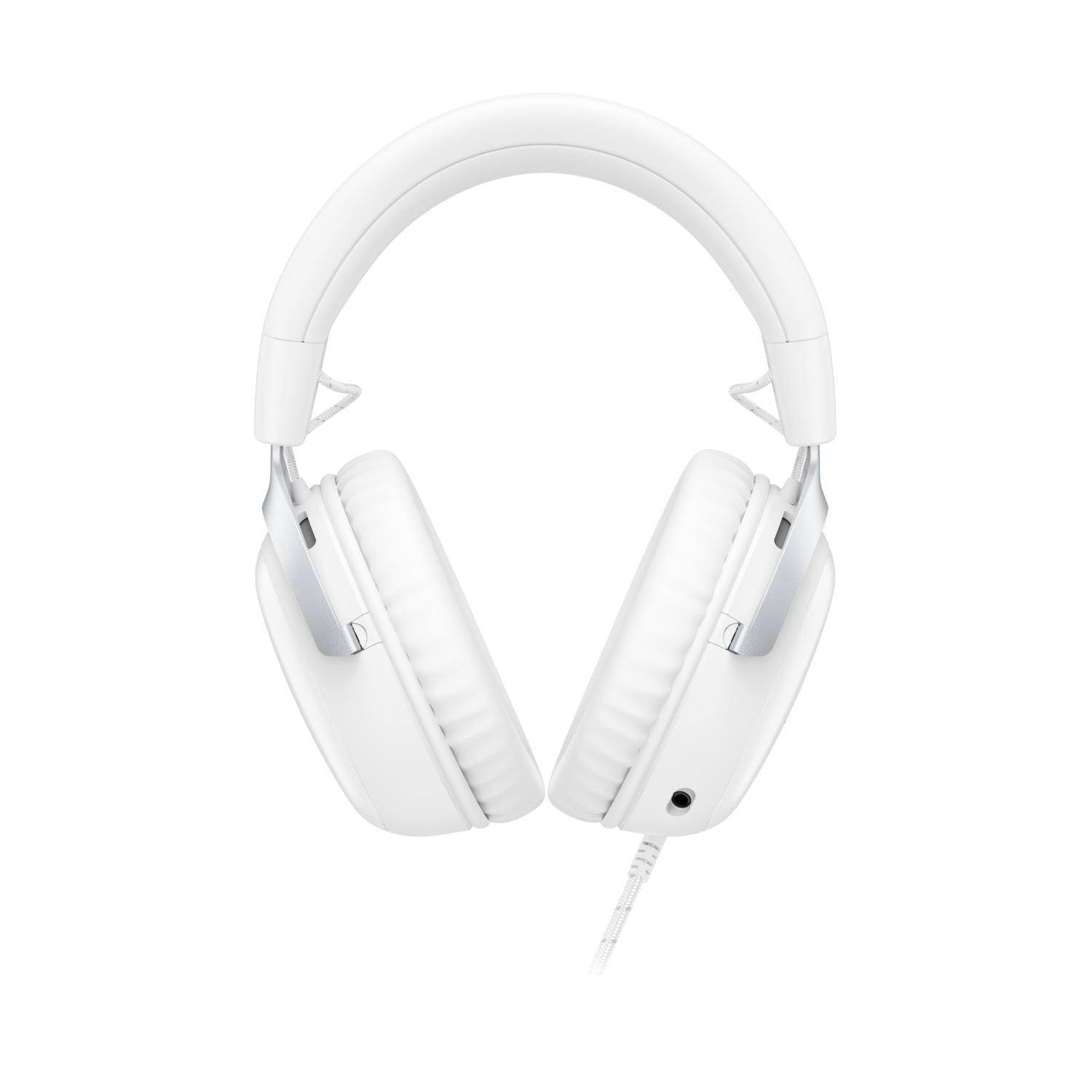 Auriculares blancos sobre fondo blanco. Los auriculares tienen diadema y almohadillas acolchadas, con cable.