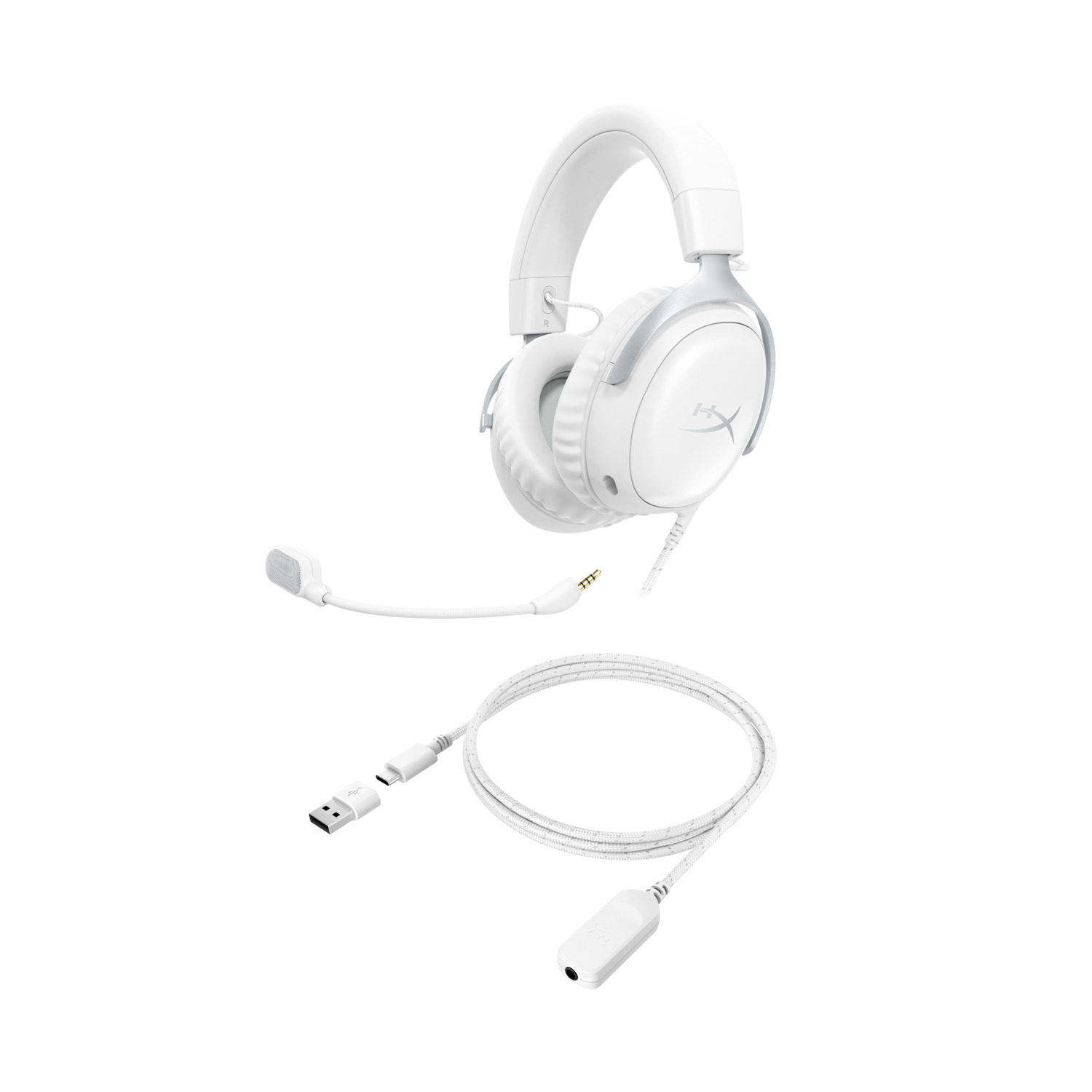 Un auricular gaming blanco con micrófono y cable USB, sobre fondo blanco. Los auriculares tienen el logotipo de HyperX.