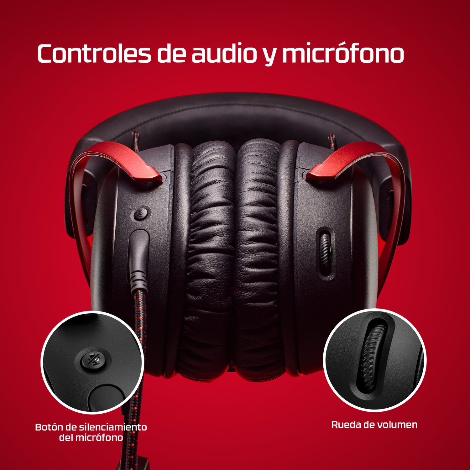 Auriculares negros y rojos con controles de volumen y silencio, sobre fondo rojo. Se muestran detalles de los controles.