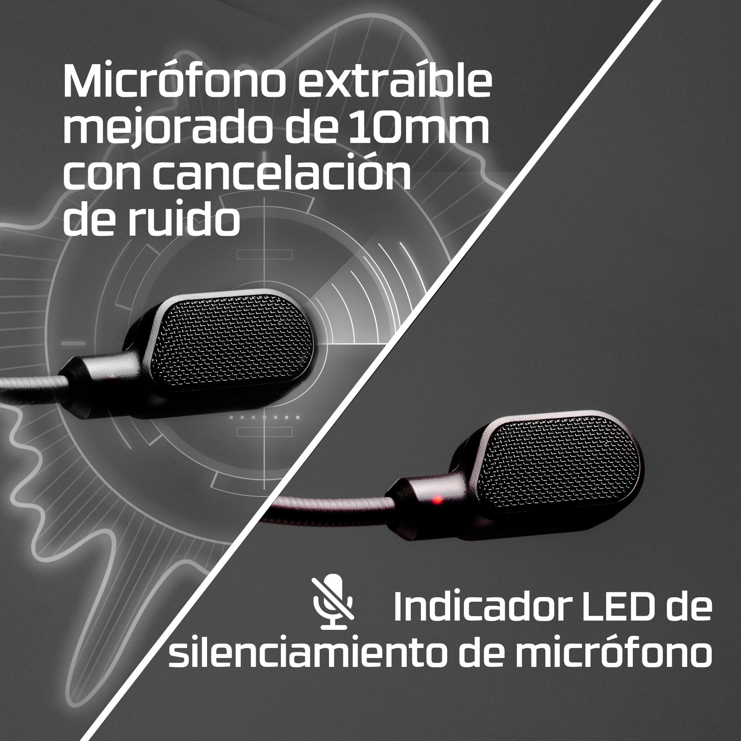 La imagen muestra un micrófono con cancelación de ruido. El texto indica que el micrófono es de 10 mm y tiene un indicador LED de silencio.