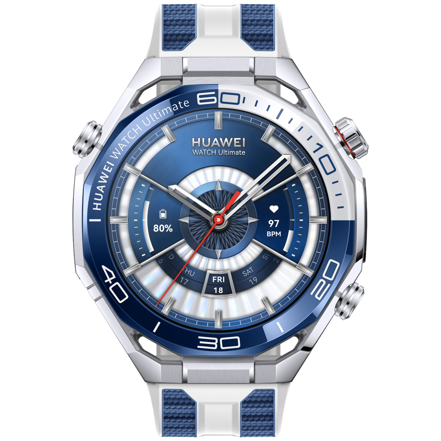 Een close-up van een Huawei Watch Ultimate smartwatch. Het heeft een blauw en wit ontwerp, met een digitaal display dat tijd en gezondheidsgegevens toont.