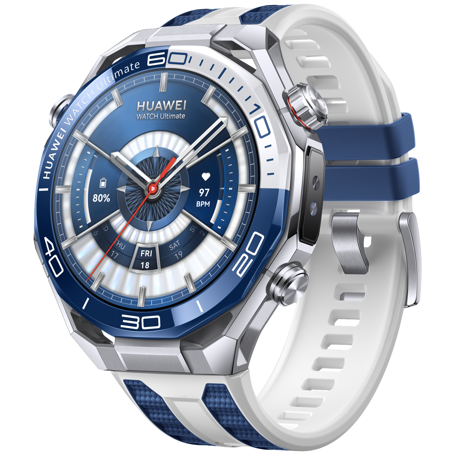 Een Huawei Watch Ultimate. Het heeft een blauwe en zilveren lunette, een witte band met blauwe accenten en een blauwe wijzerplaat.