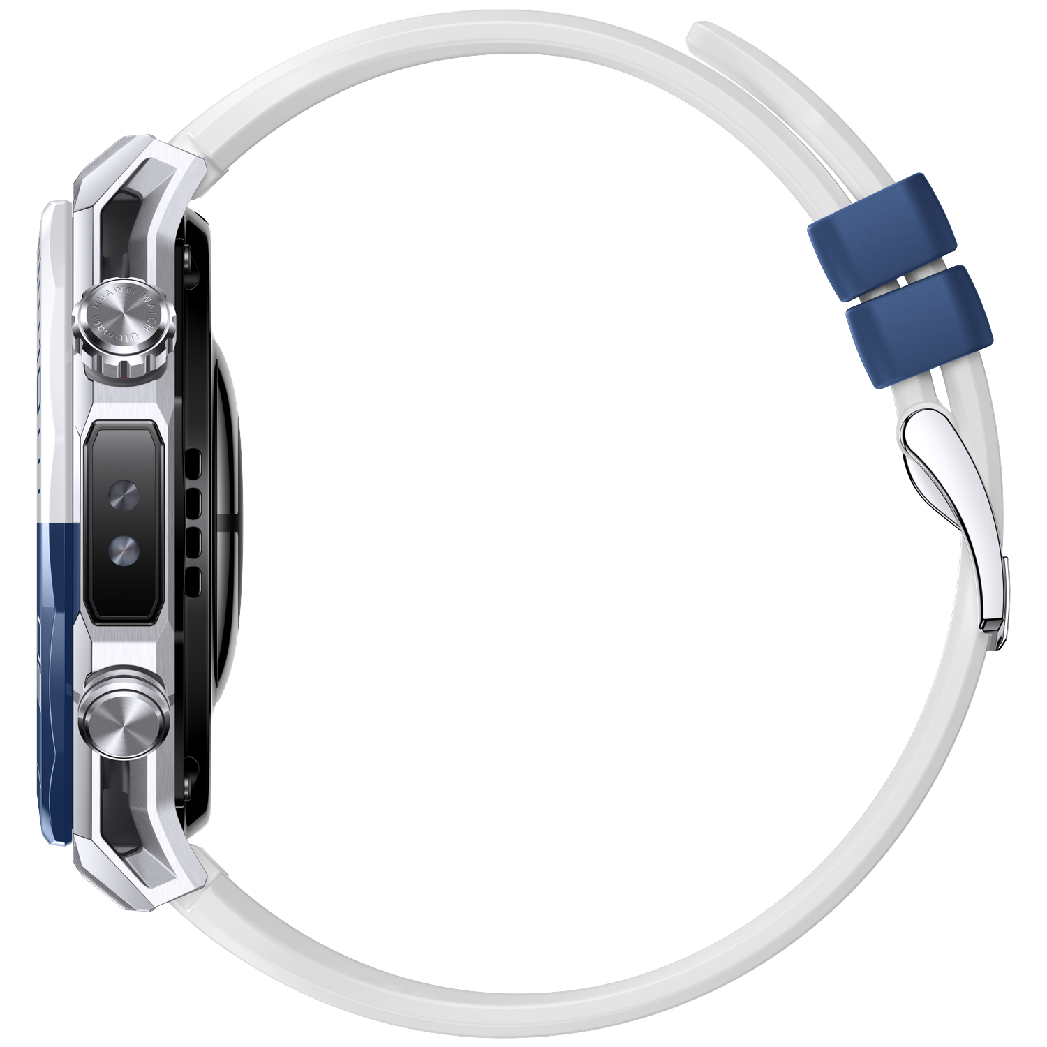 Zijaanzicht van een smartwatch met witte band, blauwe accenten en zilveren behuizing. Het horloge staat op een witte achtergrond.
