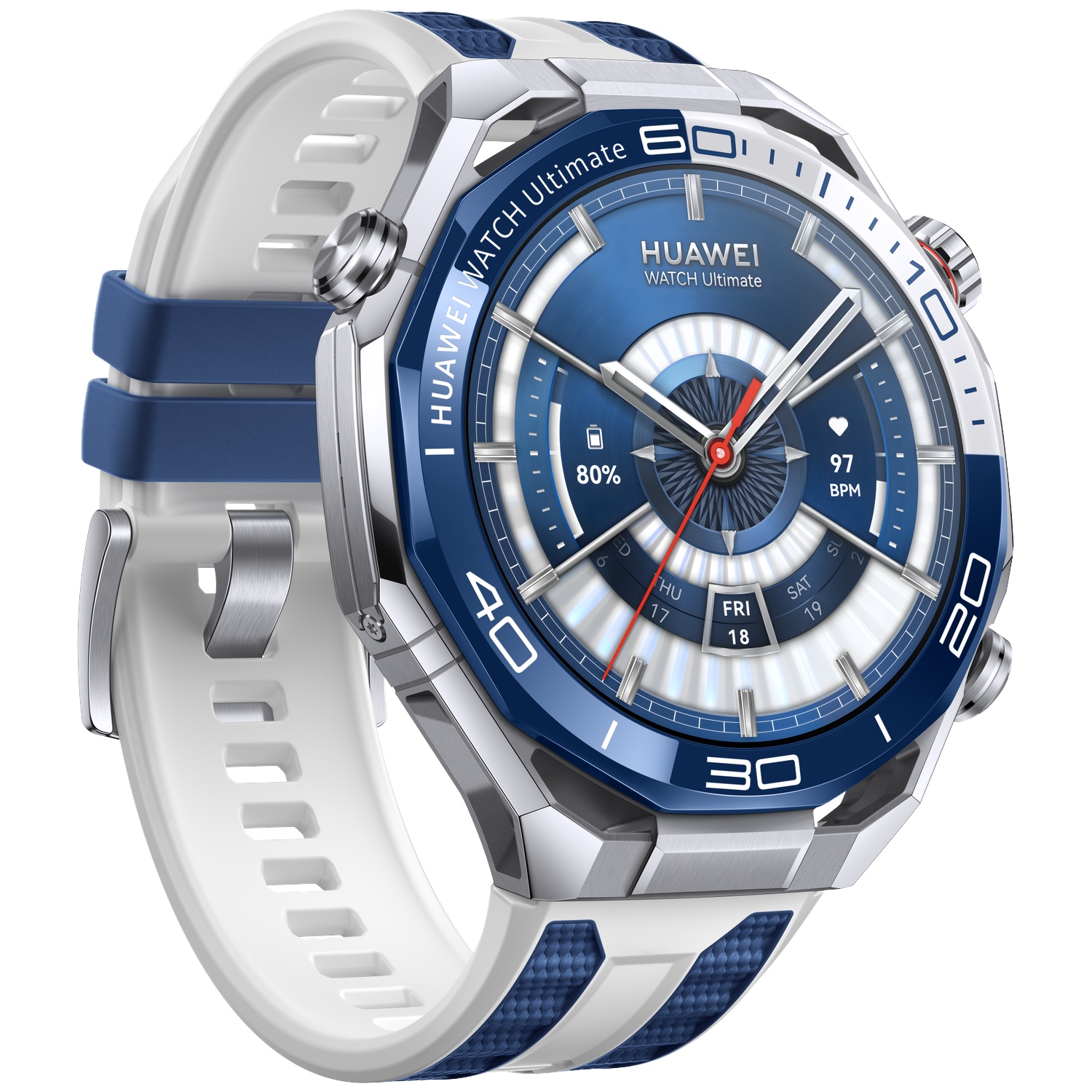 Een Huawei Watch Ultimate. Het heeft een blauwe en zilveren bezel en witte en blauwe bandjes. De wijzerplaat toont tijd, batterij en hartslag.