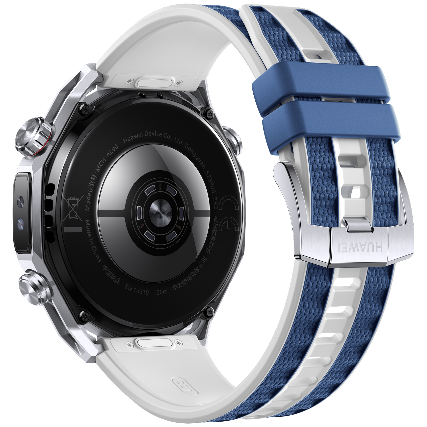 Een Huawei smartwatch met een witte en blauwe band. De wijzerplaat is zwart. De band is wit met blauwe strepen en een metalen gesp.