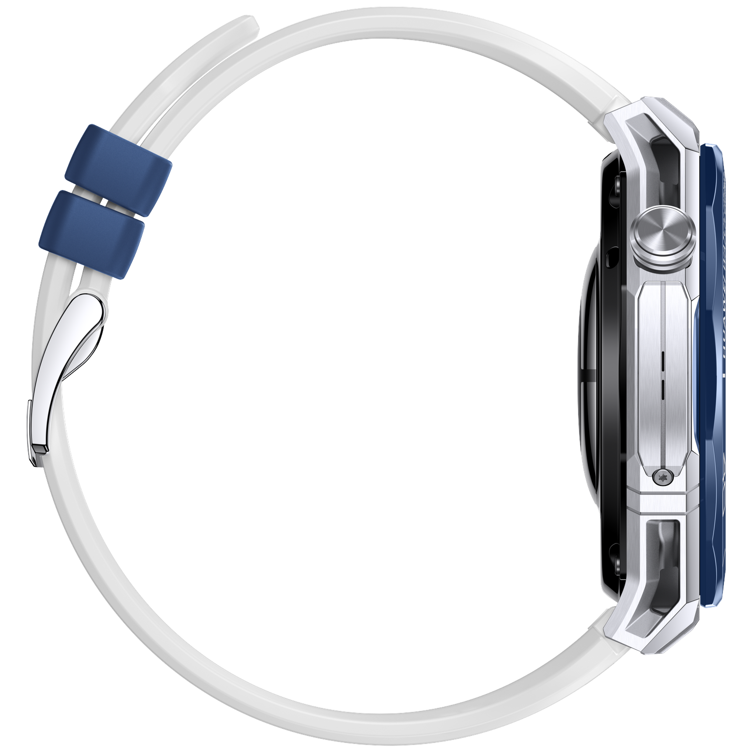 Zijaanzicht van een smartwatch. Het heeft een witte band met een blauwe sluiting. De wijzerplaat is donker, met een zilveren en blauwe rand.