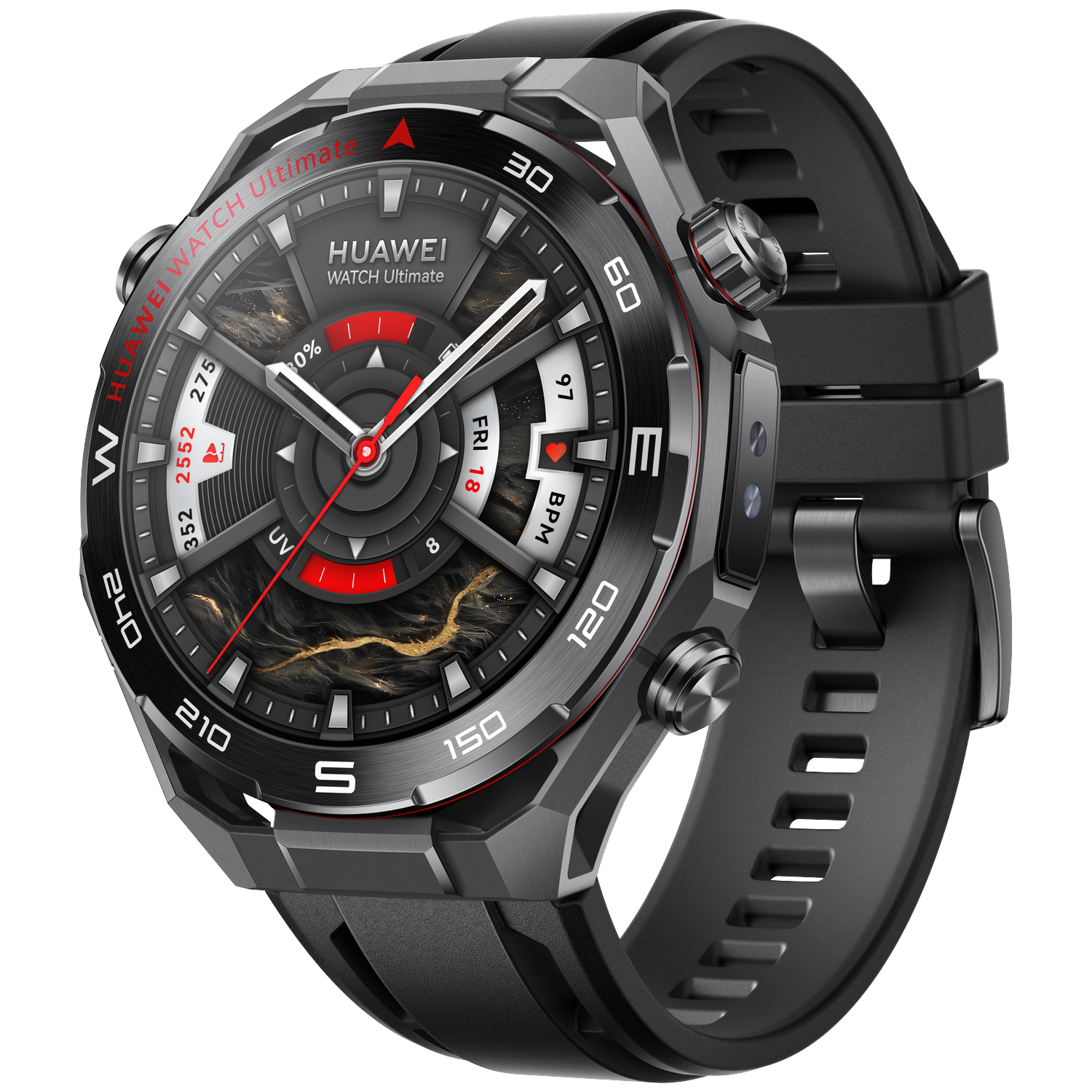 A black Huawei Watch Ultimate smartwatch. It has a round face with red accents. The watch shows time and other health data.