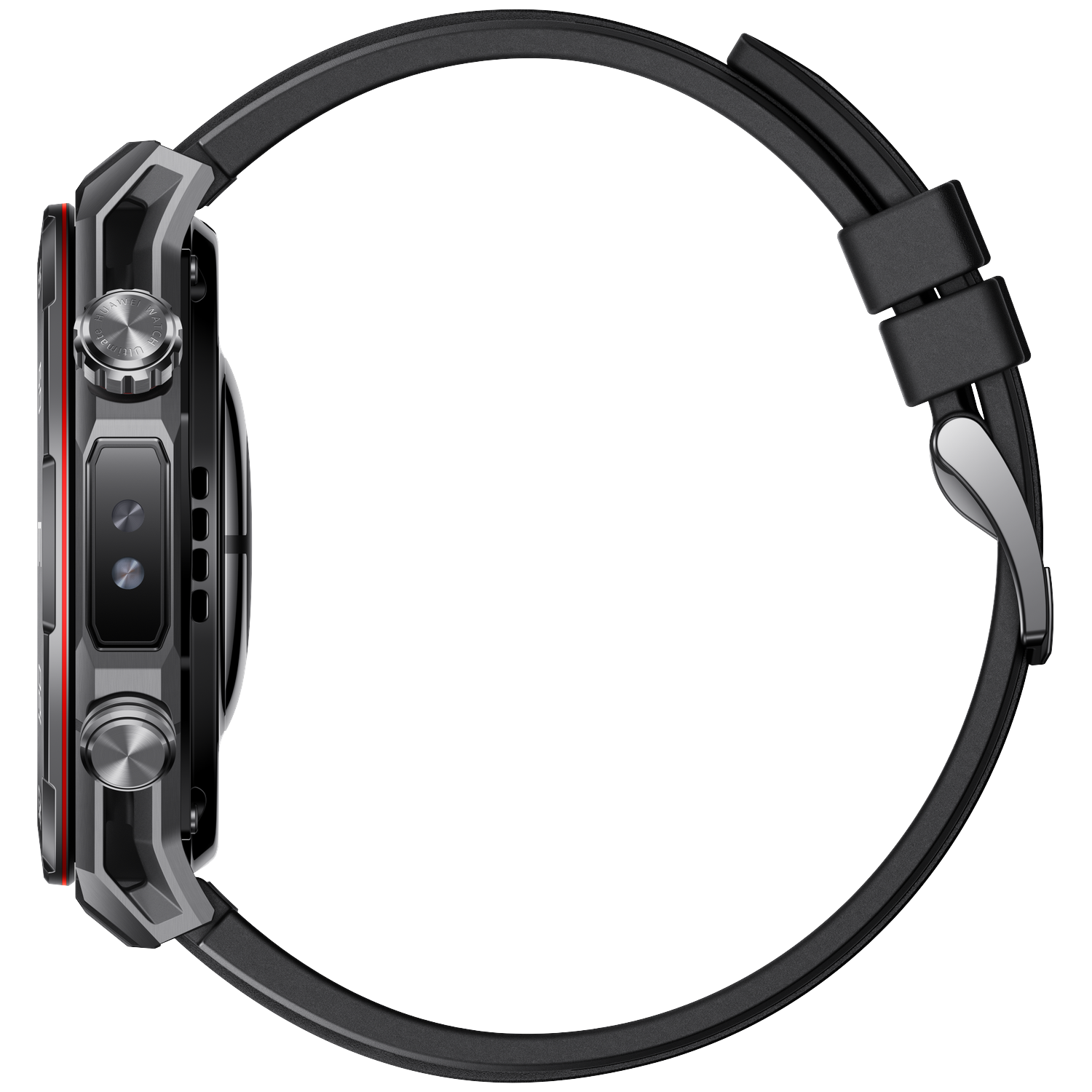 Side view of a black smartwatch with a round face, black strap, and silver accents. It has two buttons and a red stripe.