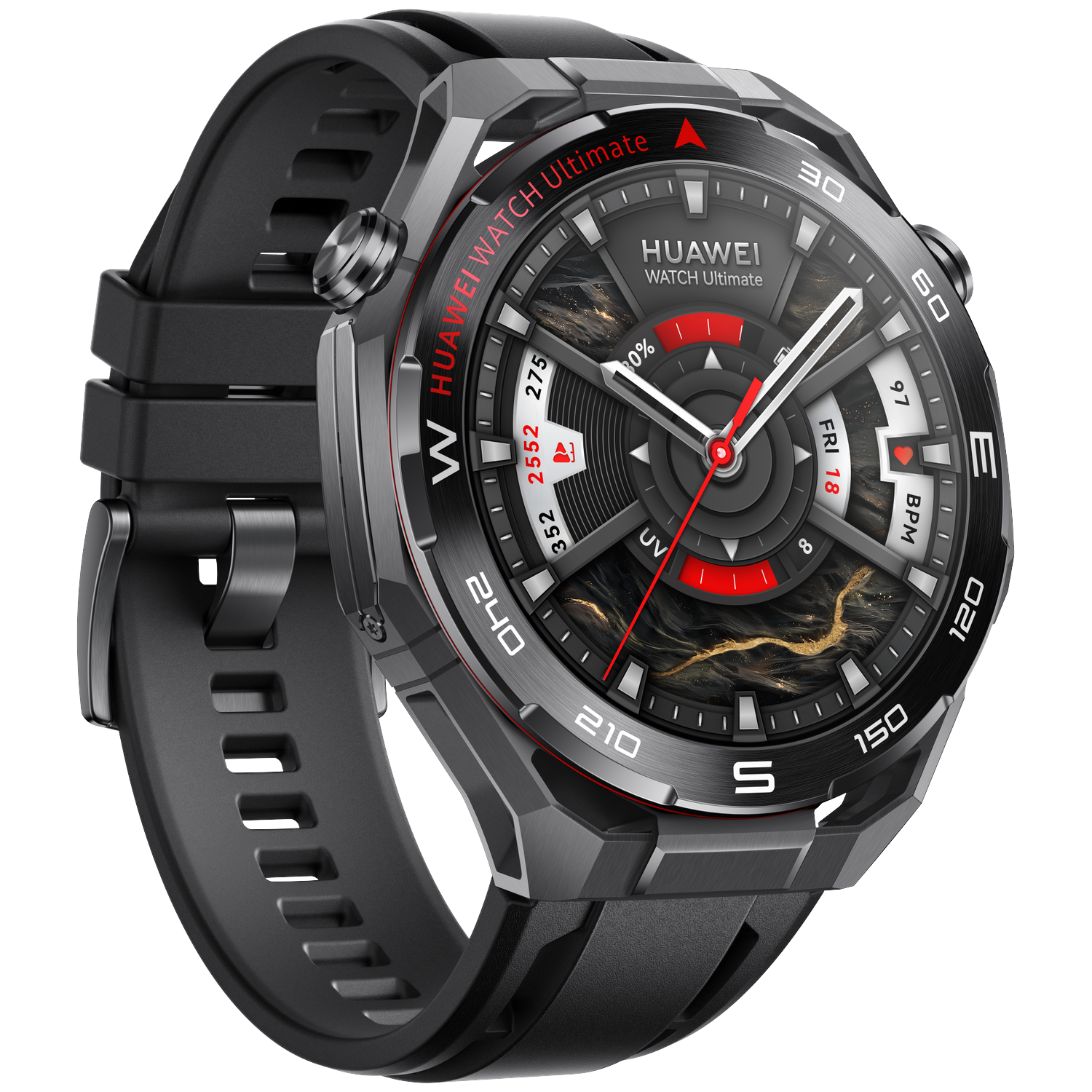 A black Huawei Watch Ultimate smartwatch. It has a round display, black strap, and a detailed watch face showing time and health metrics.