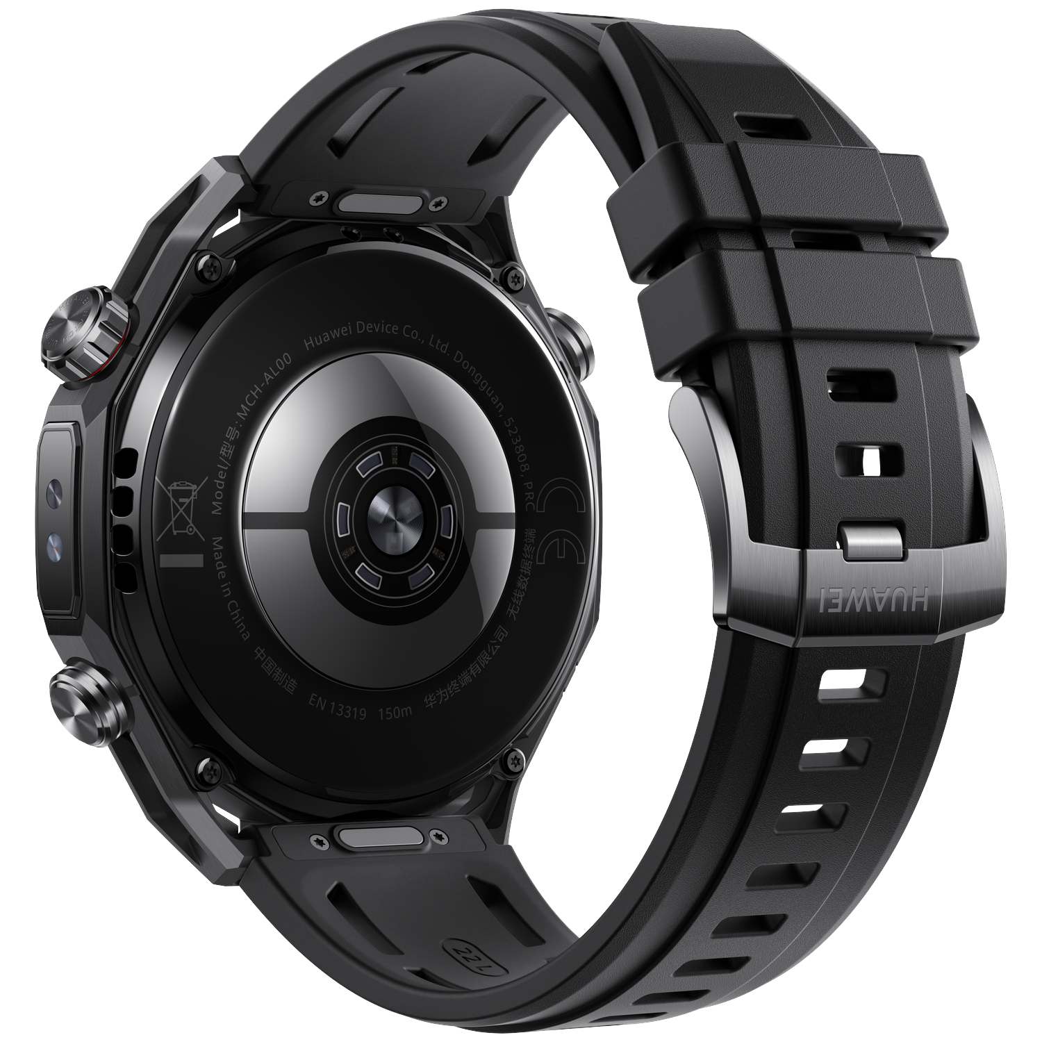 Black Huawei smartwatch with a black strap. The watch has a round face and a black back. Details of the watch are visible.