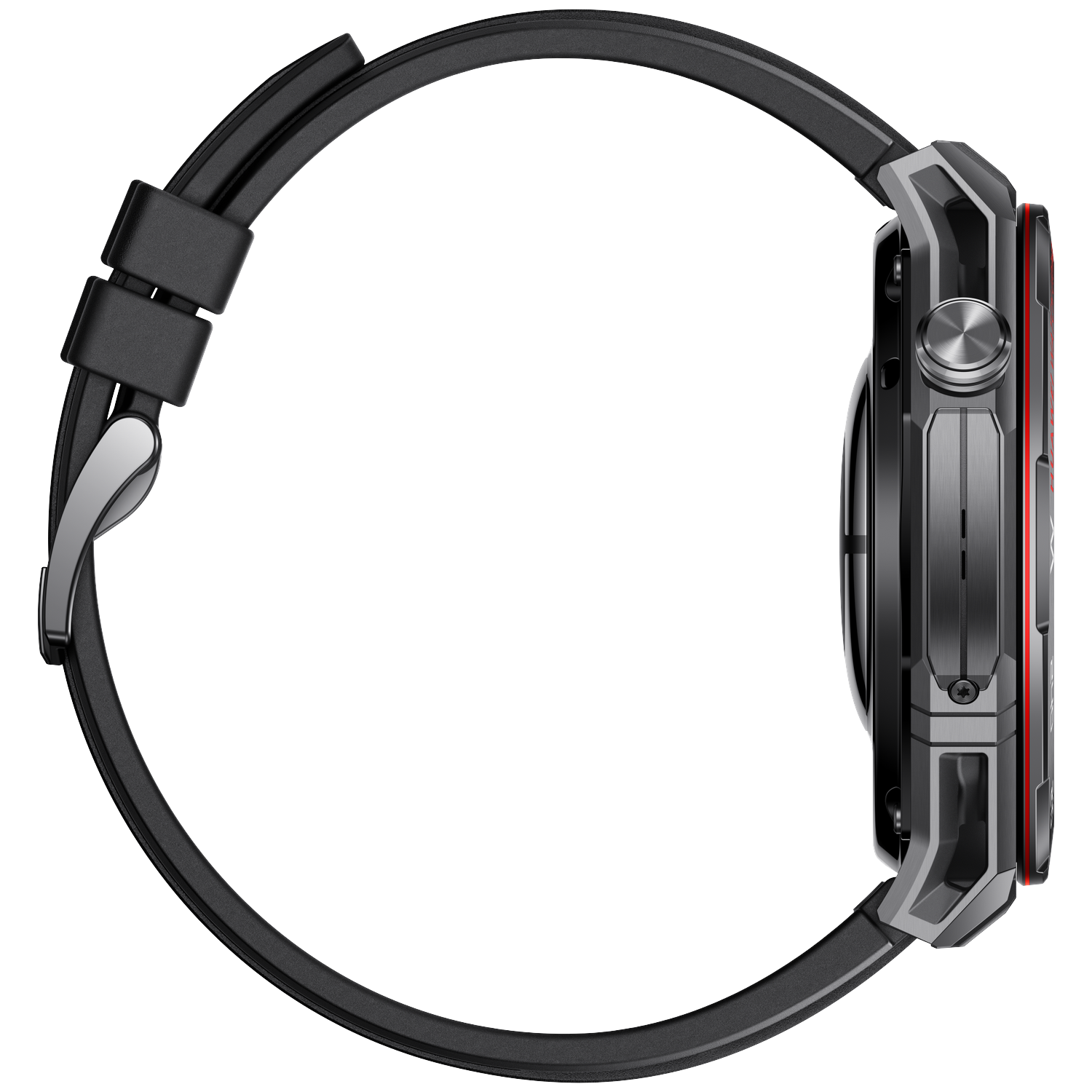 Side view of a black smartwatch. The watch has a circular face, black strap, and silver metal accents. A red line is visible.