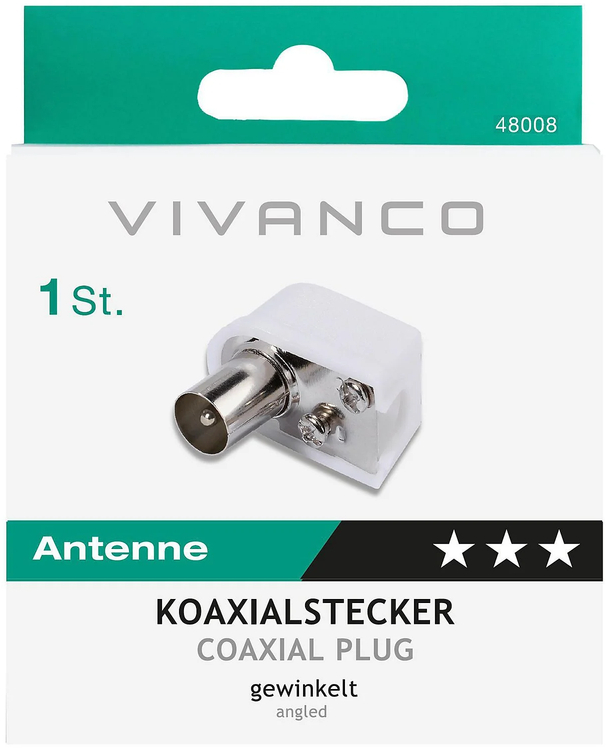 Ein weißer und silberner Koaxialstecker auf einer Verpackung. Text: 'VIVANCO', 'Antenne', 'KOAXIALSTECKER' und 'COAXIAL PLUG'.
