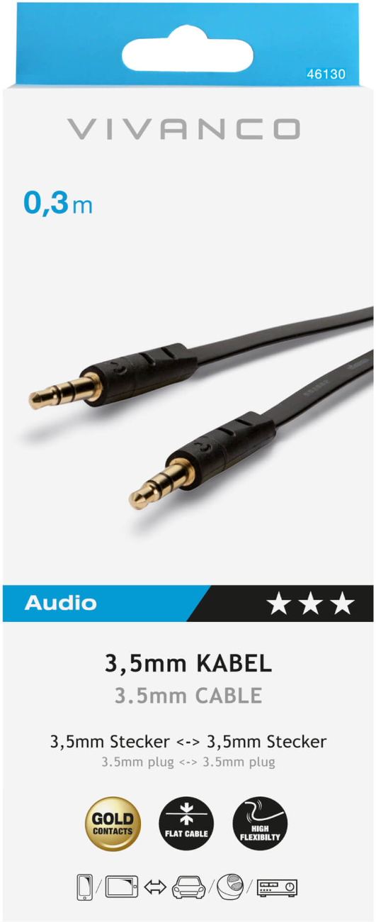 Schwarzes Audiokabel mit vergoldeten Steckern. Text enthält Produktdetails und Merkmale wie 'Goldkontakte' und 'Flachkabel'.