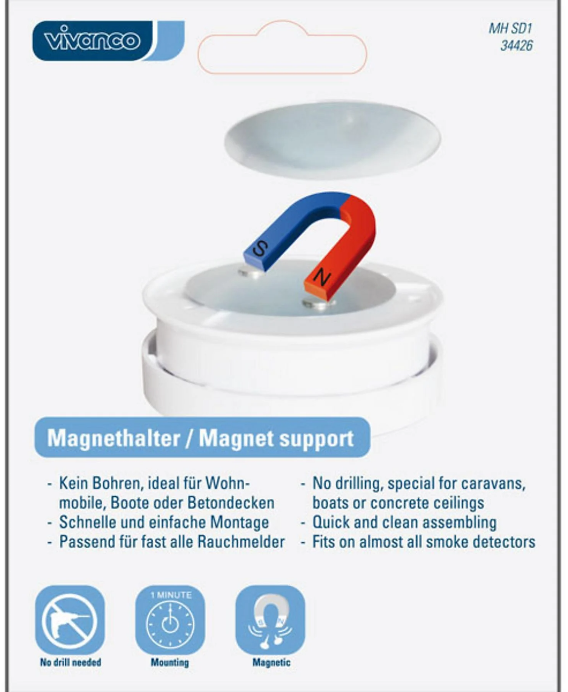 Produktverpackung zeigt eine Magnethalterung mit U-förmigem Magneten, Produktnamen und Eigenschaften wie kein Bohren und schnelle Montage.