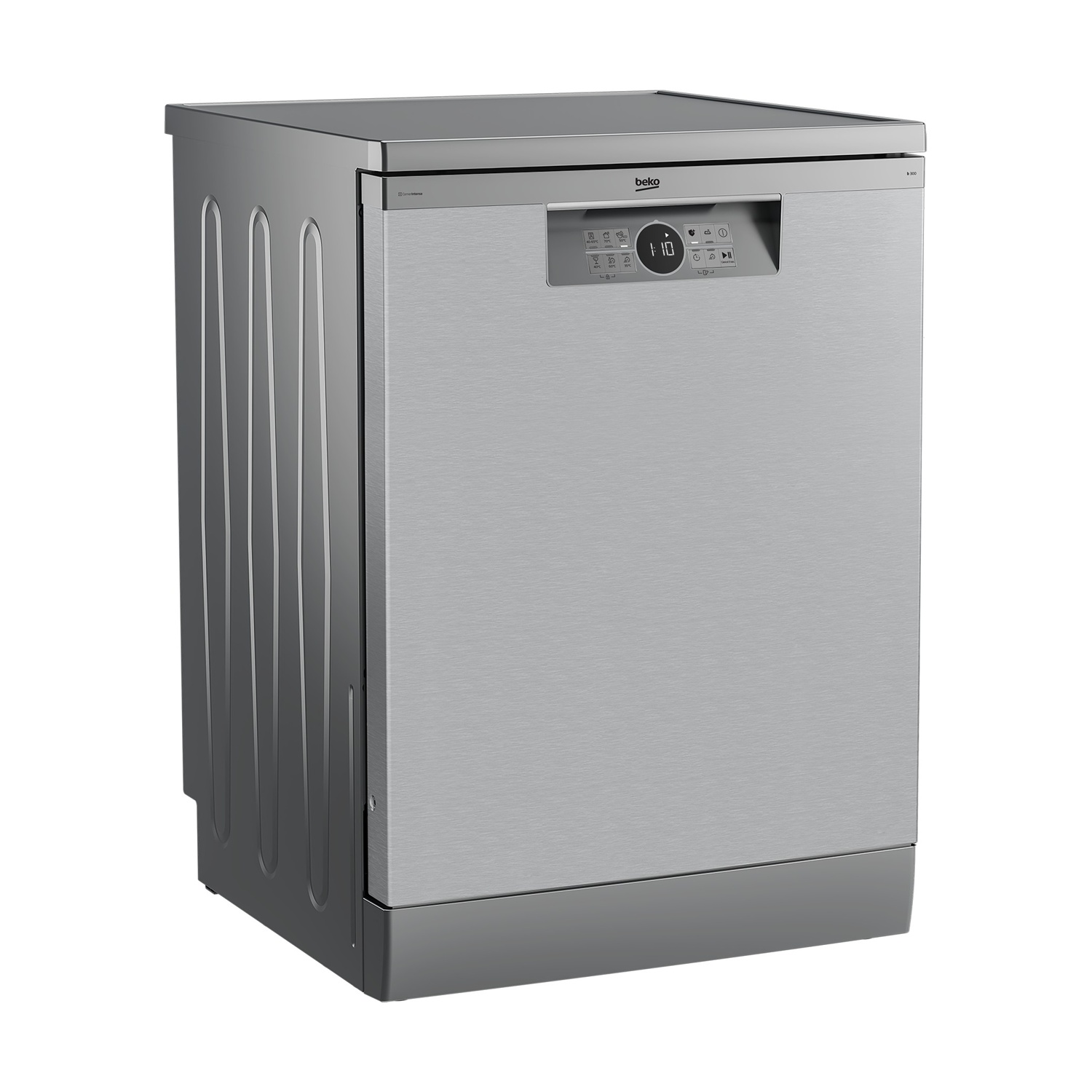 Una lavastoviglie Beko argentata. Ha un pannello di controllo con pulsanti e un display che mostra '1:10'. Il design è moderno ed elegante.