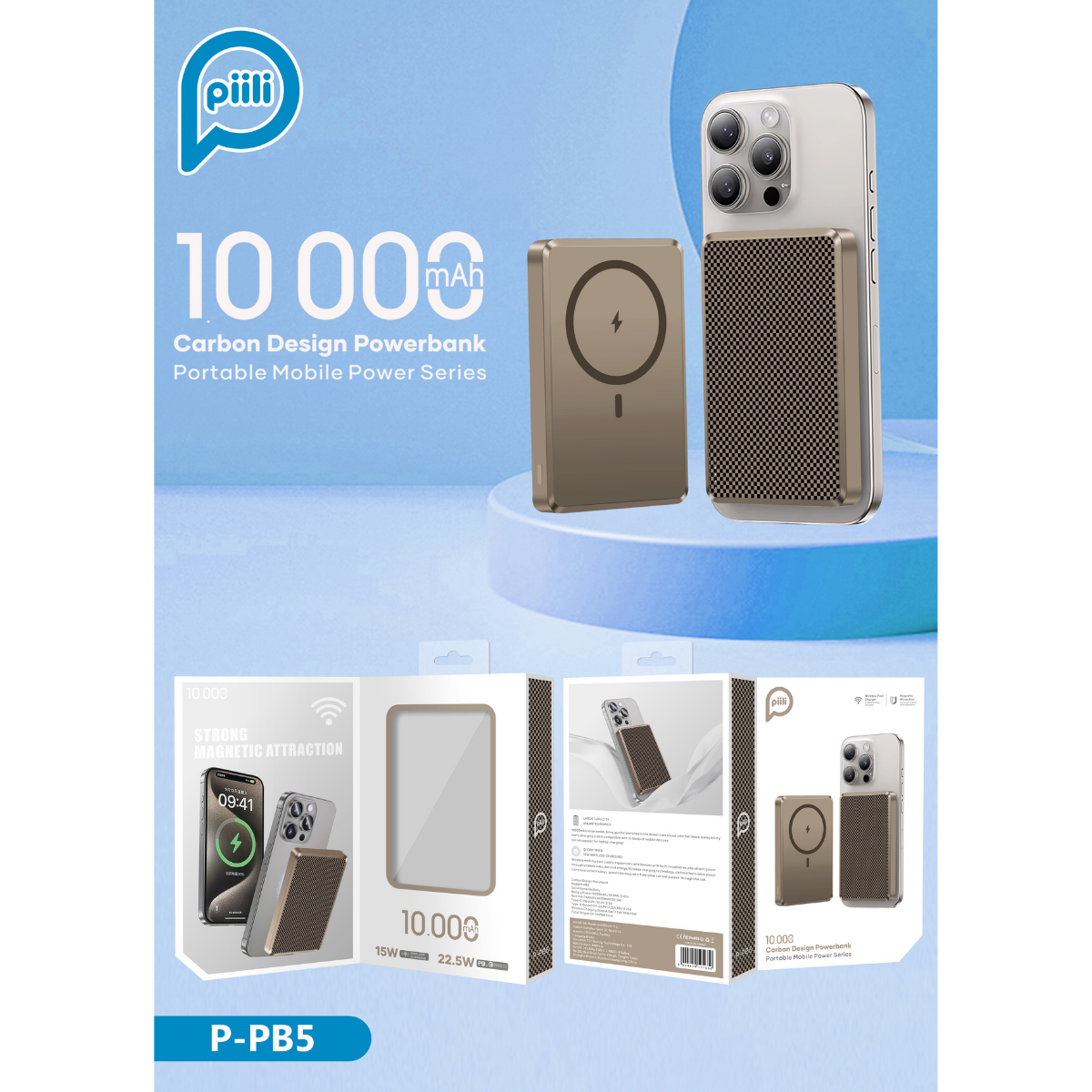 Görüntü, bağlı bir telefonla bir powerbank'i gösteriyor. Ürün detayları arasında 10000 mAh, Carbon Design ve Portable Mobile Power Series yer alıyor.